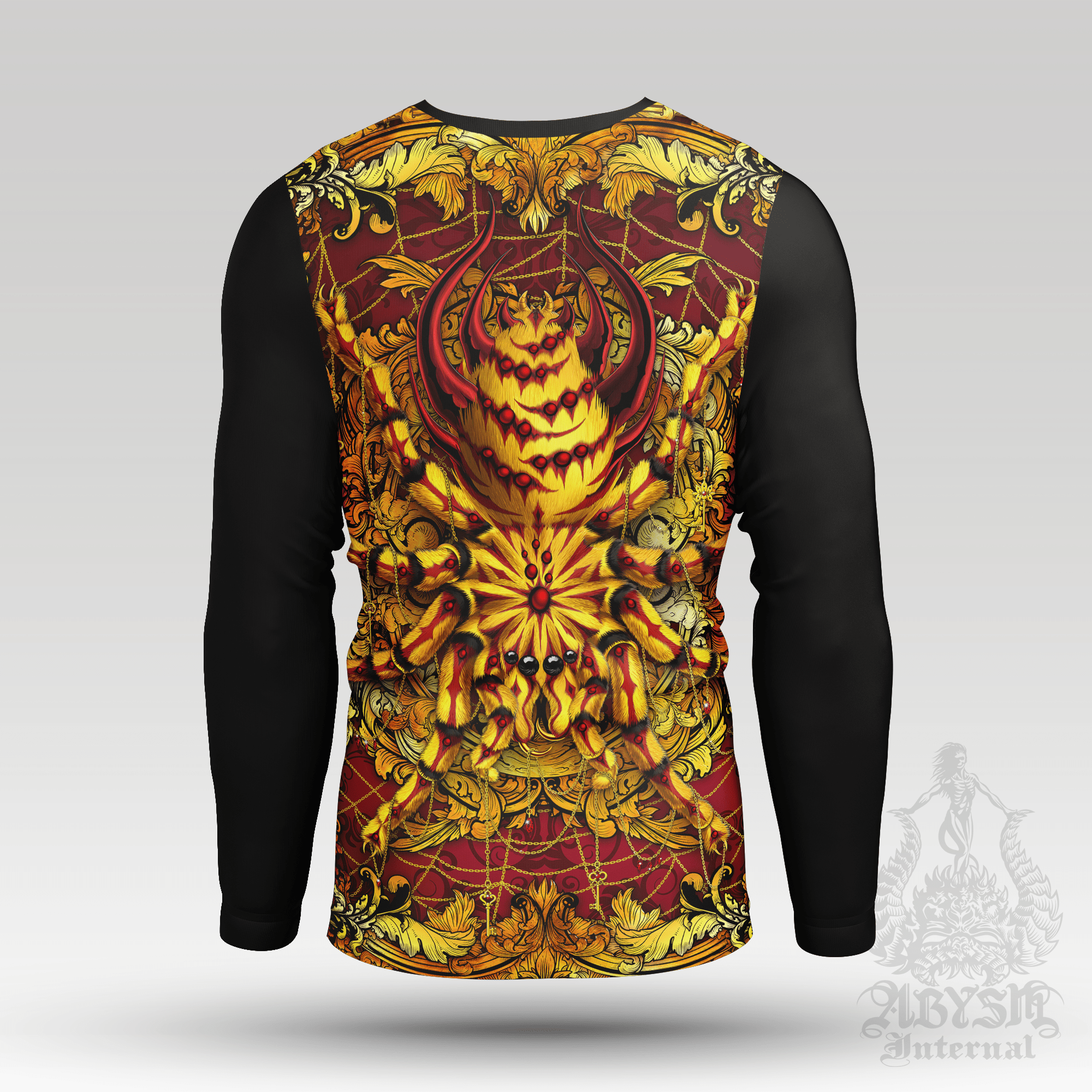Spider Rash Guard - Graffiti Long Sleeve Surf Shirt, Gold Sports Top | Indie Art UV Protection Activewear for Men and Women - 2 Colors - Abysm Internal