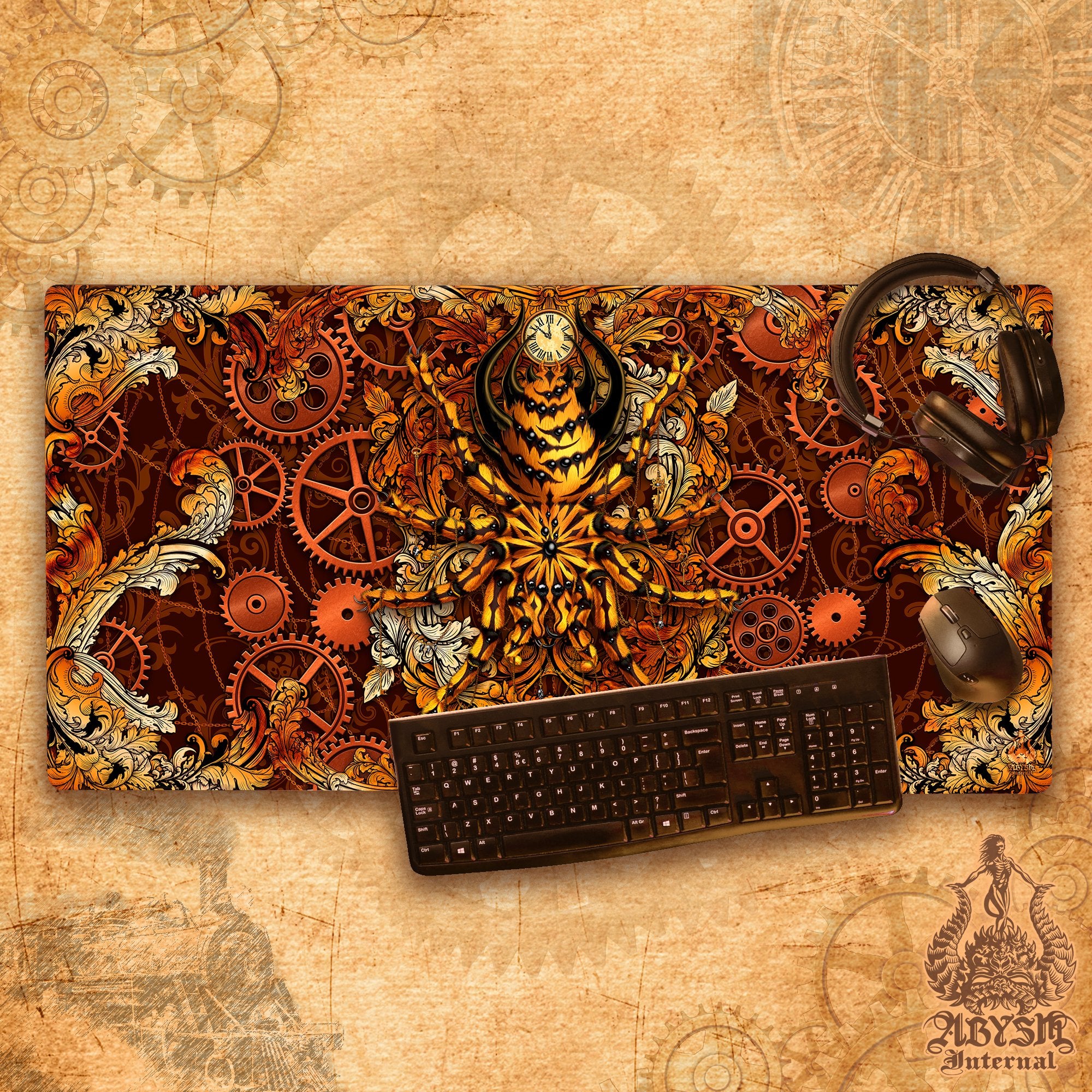 Steampunk Desk Mat, Spider Gaming Mouse Pad, Gamer Table Protector Cover, Tarantula Workpad, Fantasy Art Print - Abysm Internal