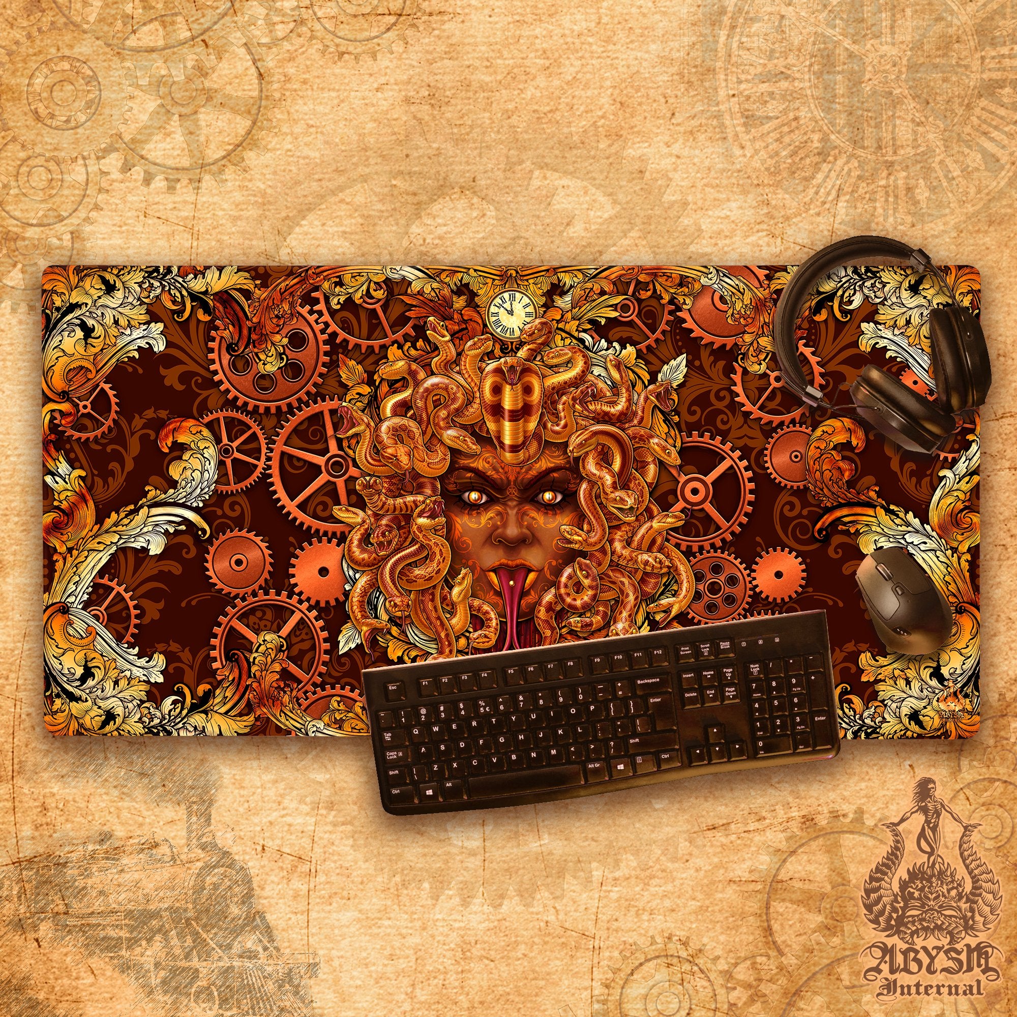 Steampunk Gaming Desk Mat, Gamer Mouse Pad, Medusa Table Protector Cover, Skull Workpad, Dark Fantasy Art Print - 2 Options - Abysm Internal