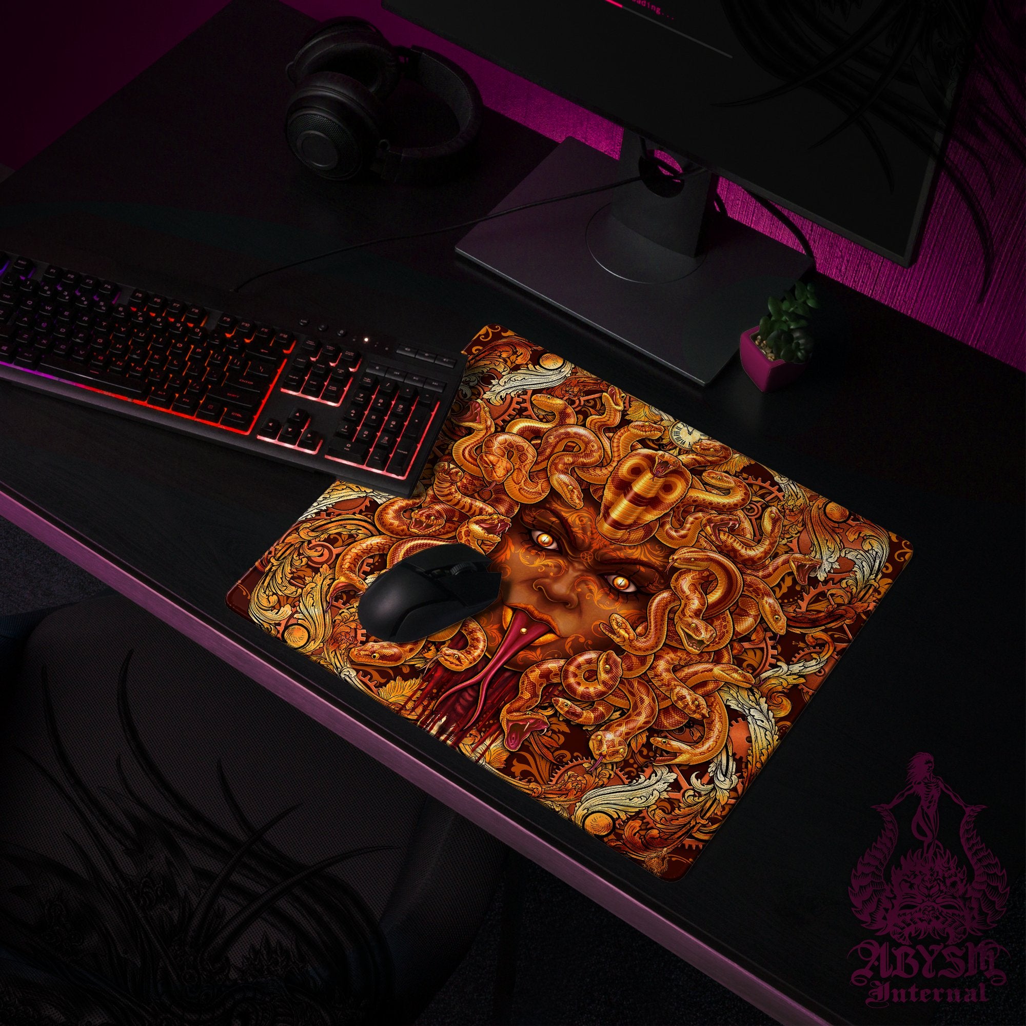 Steampunk Gaming Desk Mat, Gamer Mouse Pad, Medusa Table Protector Cover, Skull Workpad, Dark Fantasy Art Print - 2 Options - Abysm Internal