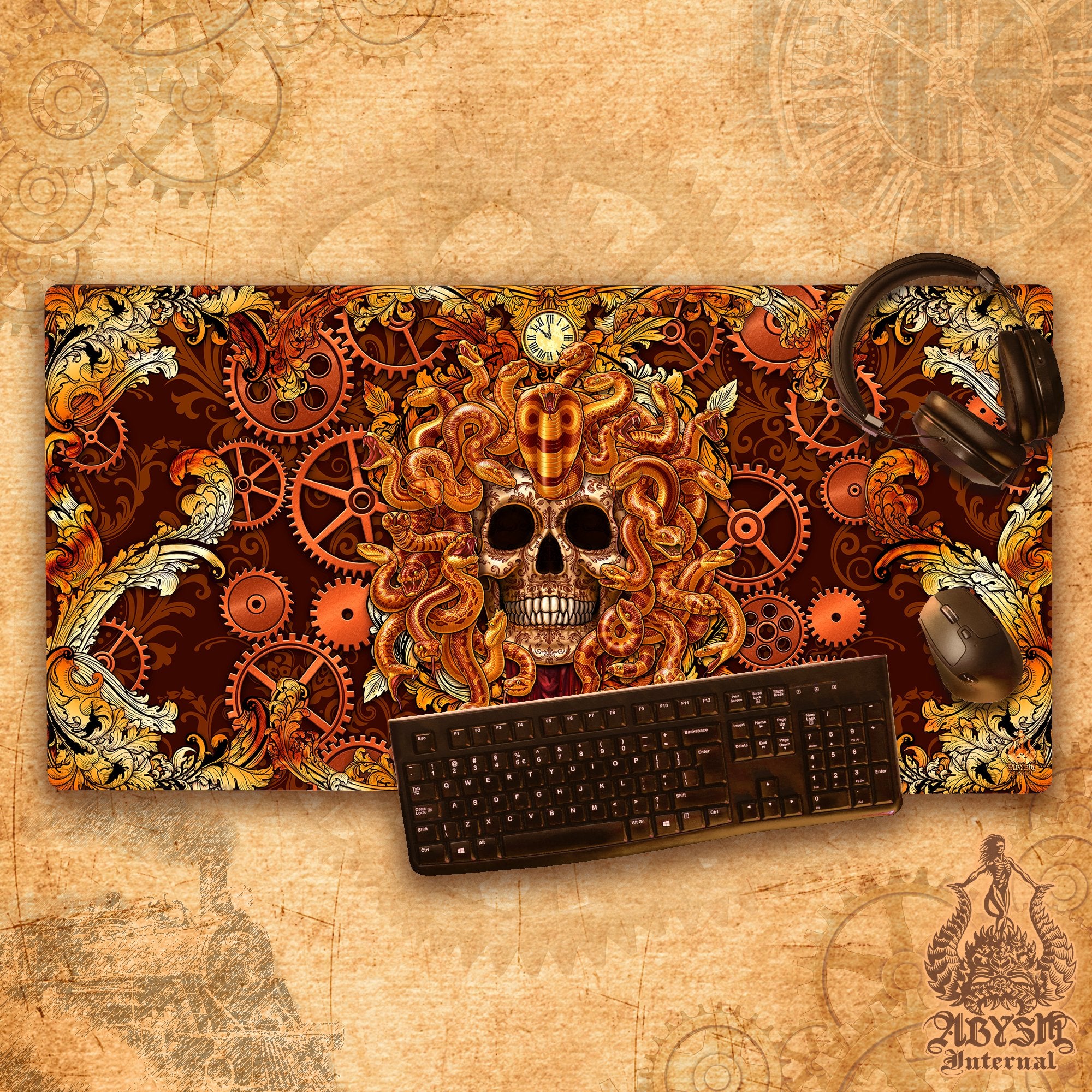 Steampunk Gaming Desk Mat, Gamer Mouse Pad, Medusa Table Protector Cover, Skull Workpad, Dark Fantasy Art Print - 2 Options - Abysm Internal