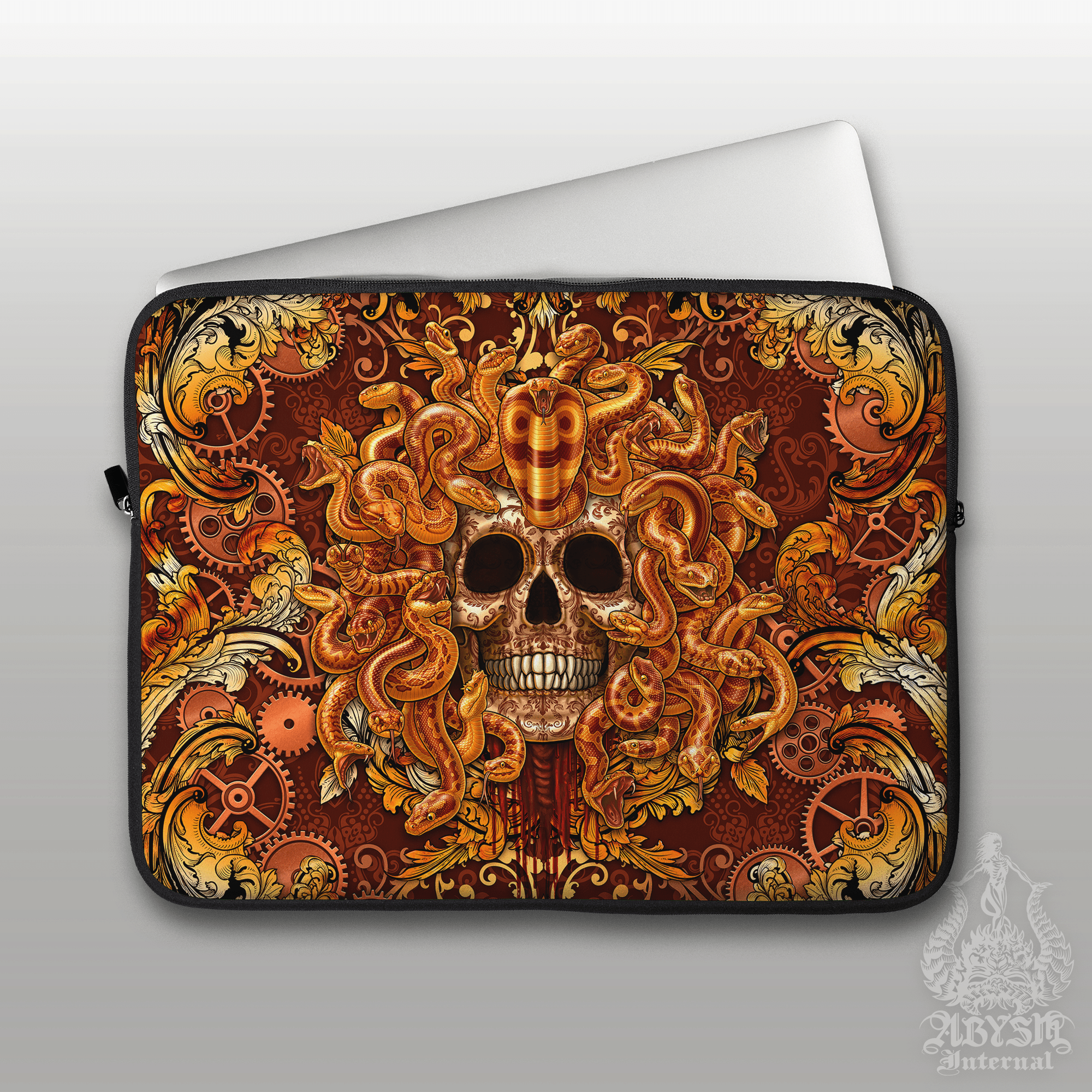 Steampunk Laptop Case – Medusa Skull, 13" & 15", Dark Fantasy Art, Printed Padded Soft Sleeve - 2 Faces - Abysm Internal