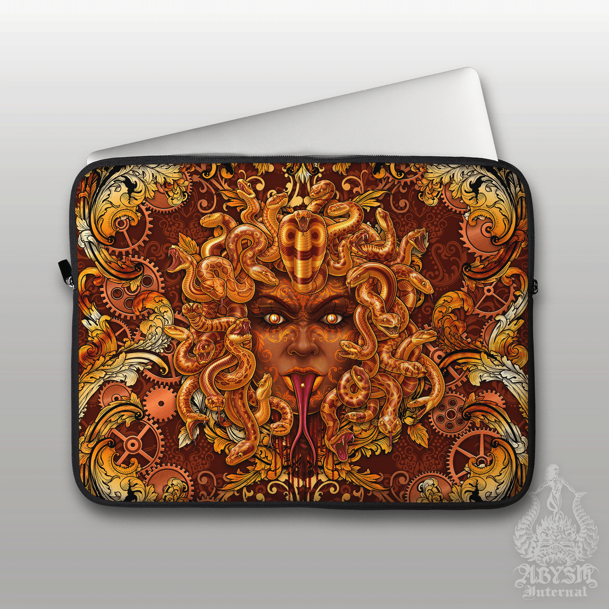 Steampunk Laptop Case – Medusa Skull, 13" & 15", Dark Fantasy Art, Printed Padded Soft Sleeve - 2 Faces - Abysm Internal