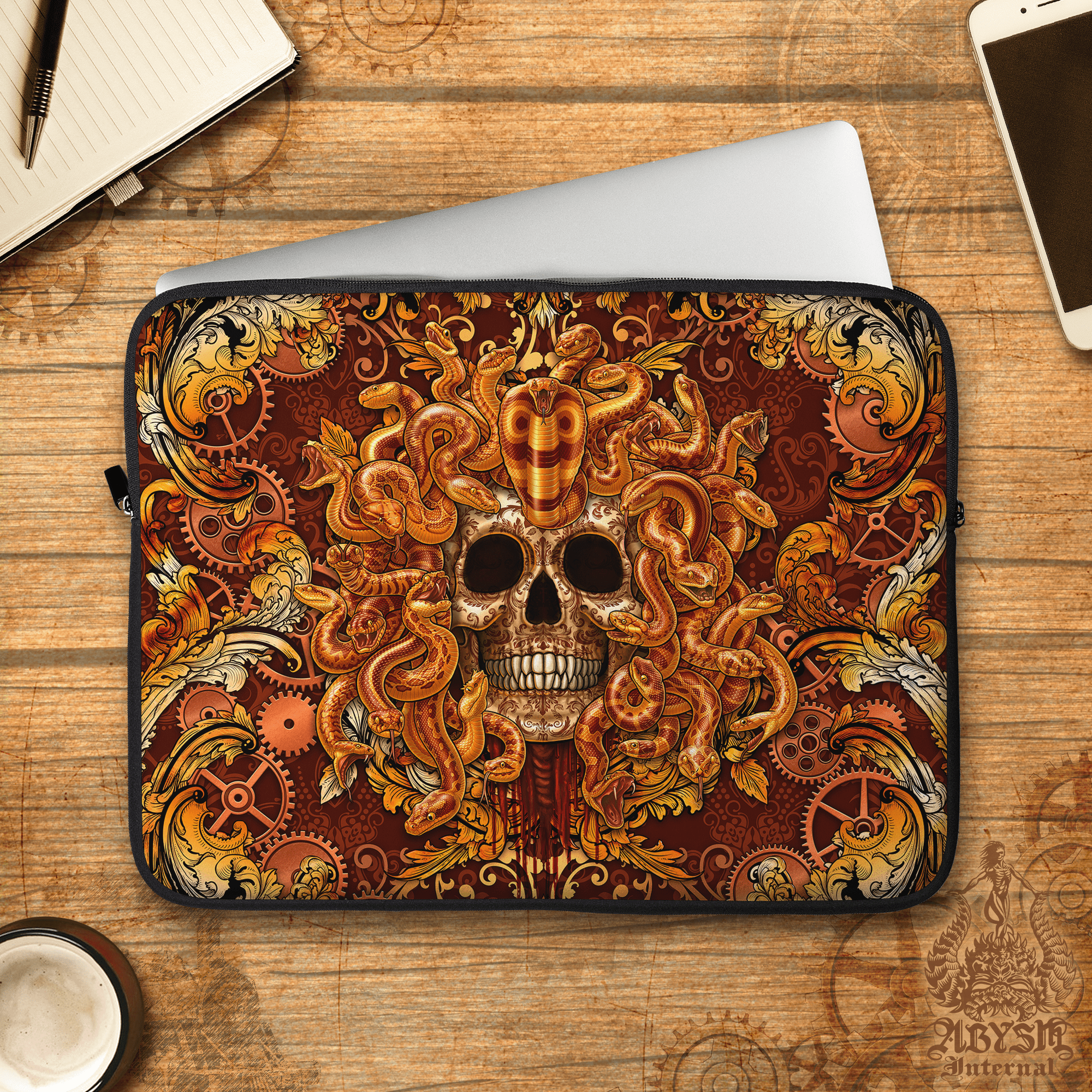 Steampunk Laptop Case – Medusa Skull, 13" & 15", Dark Fantasy Art, Printed Padded Soft Sleeve - 2 Faces - Abysm Internal