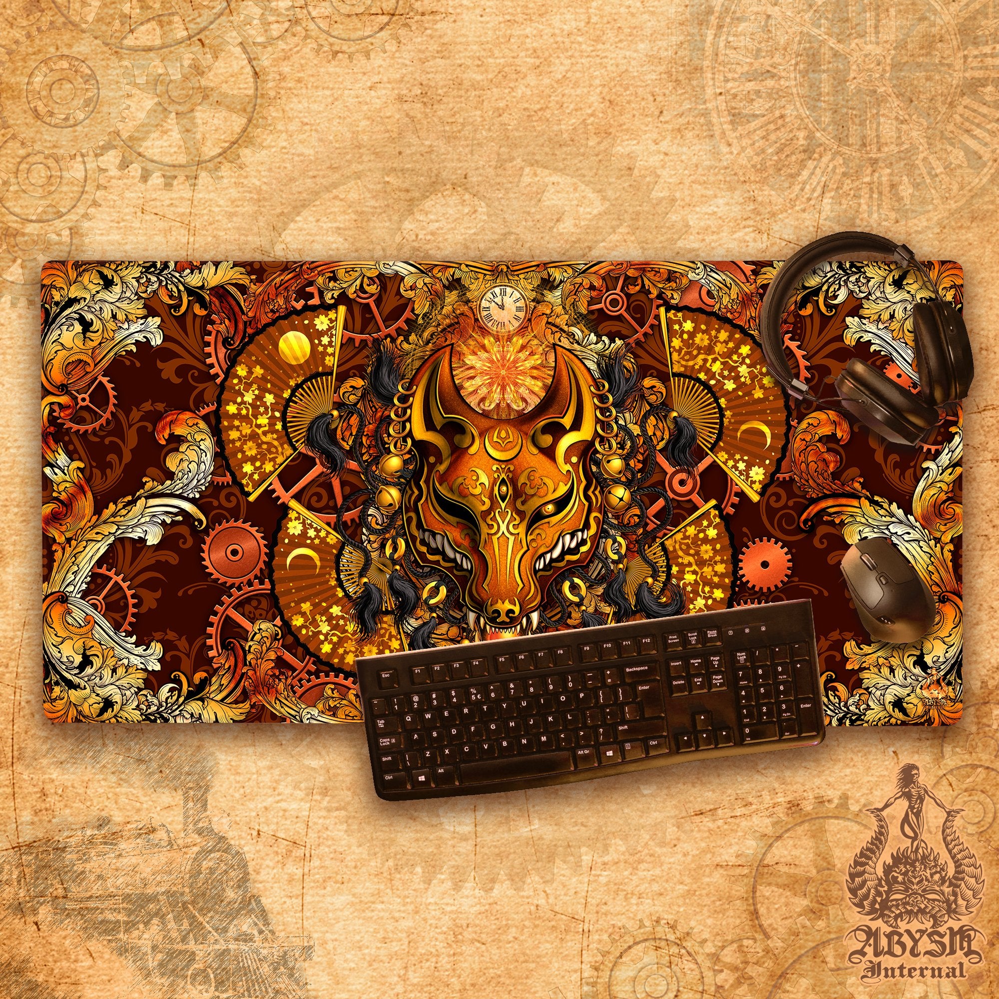 Steampunk Mouse Pad, Kistune Mask Gaming Desk Mat, Japanese Fox Workpad, Wolf Youkai Table Protector Cover, Anime and Manga Art Print - 2 Colors - Abysm Internal