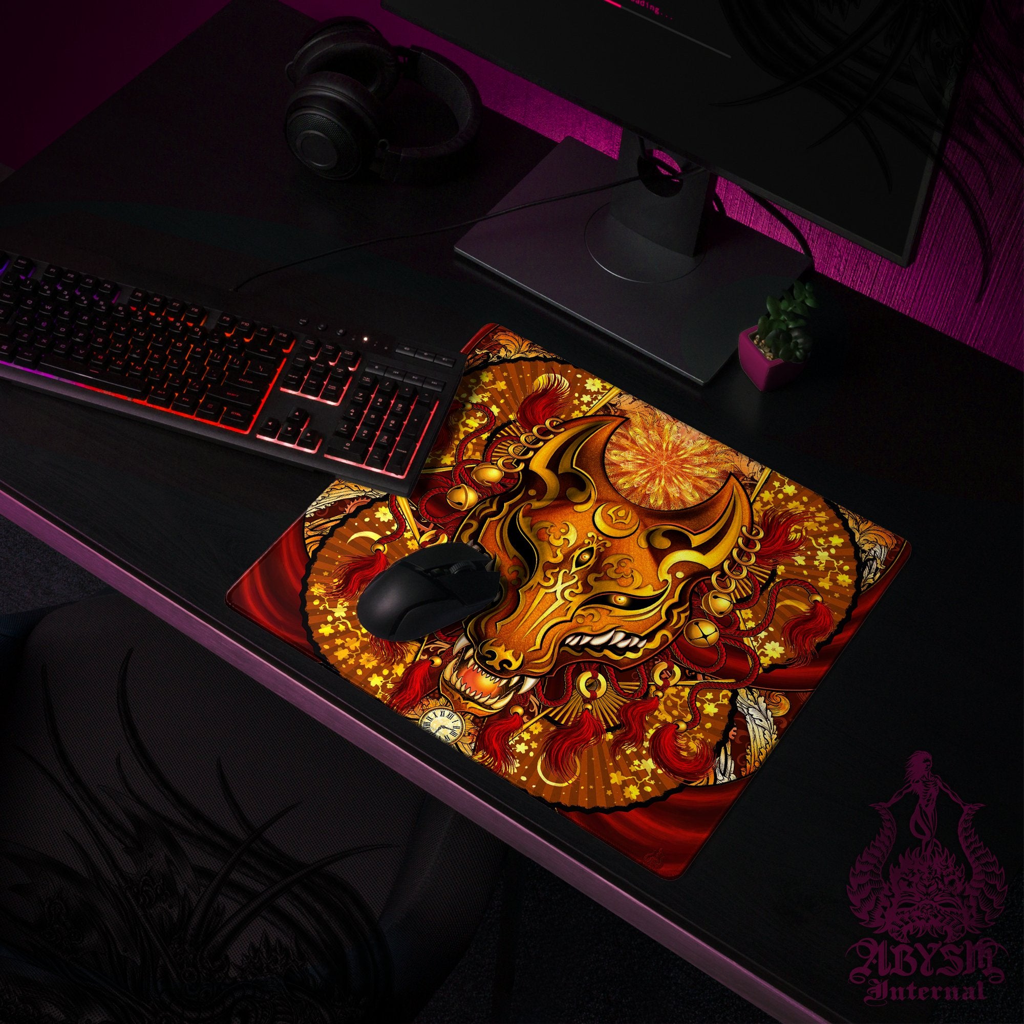 Steampunk Mouse Pad, Kistune Mask Gaming Desk Mat, Japanese Fox Workpad, Wolf Youkai Table Protector Cover, Anime and Manga Art Print - 2 Colors - Abysm Internal
