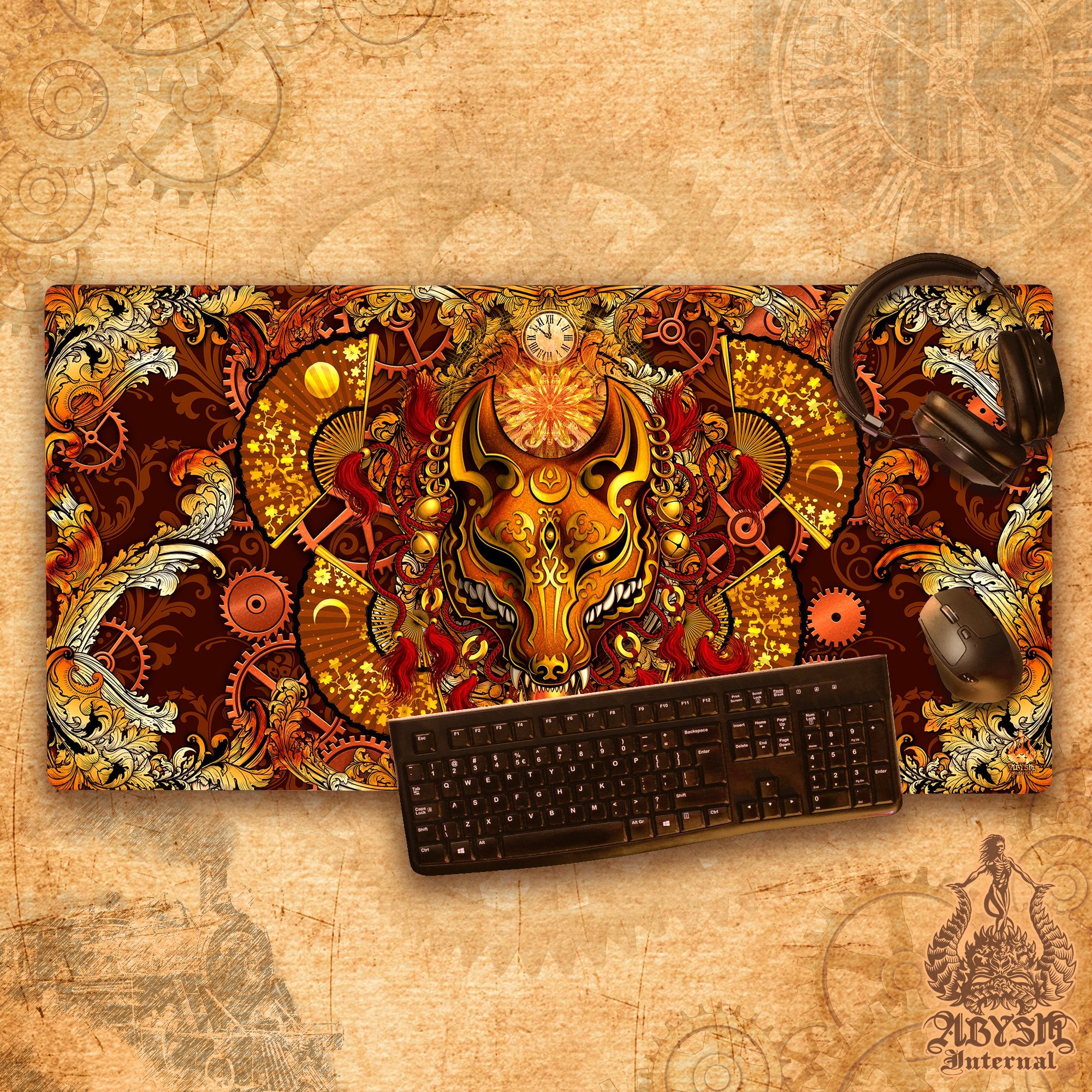 Steampunk Mouse Pad, Kistune Mask Gaming Desk Mat, Japanese Fox Workpad, Wolf Youkai Table Protector Cover, Anime and Manga Art Print - 2 Colors - Abysm Internal