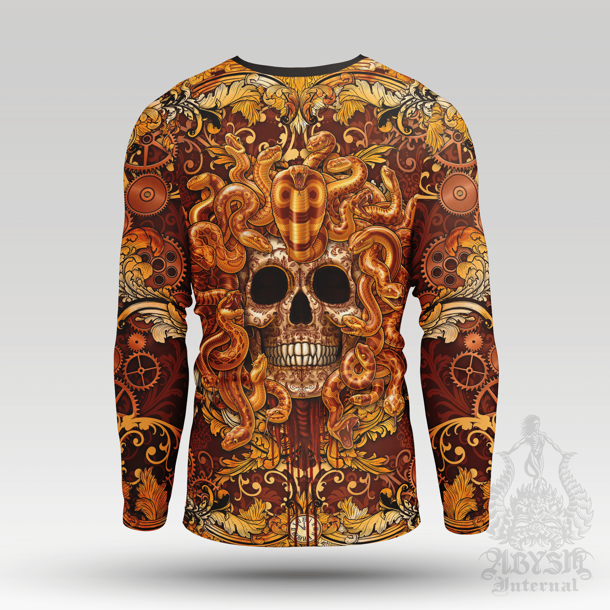 Steampunk Skull Rash Guard - Baroque Gorgon Long Sleeve Surf Shirt, Indie Medusa Sports Top | Mythology Fantasy Art UV Protection Activewear for Men and Women - Abysm Internal