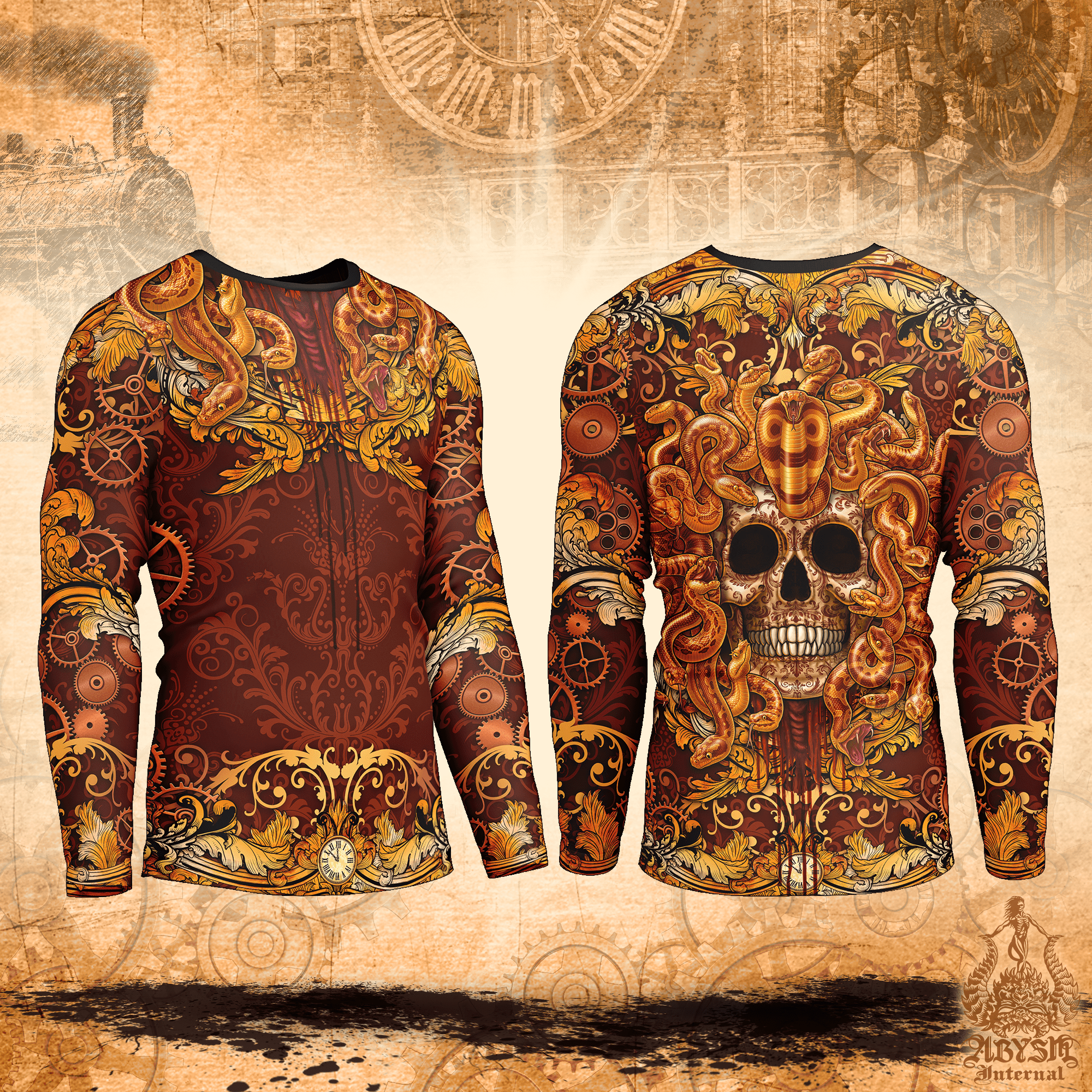 Steampunk Skull Rash Guard - Baroque Gorgon Long Sleeve Surf Shirt, Indie Medusa Sports Top | Mythology Fantasy Art UV Protection Activewear for Men and Women - Abysm Internal