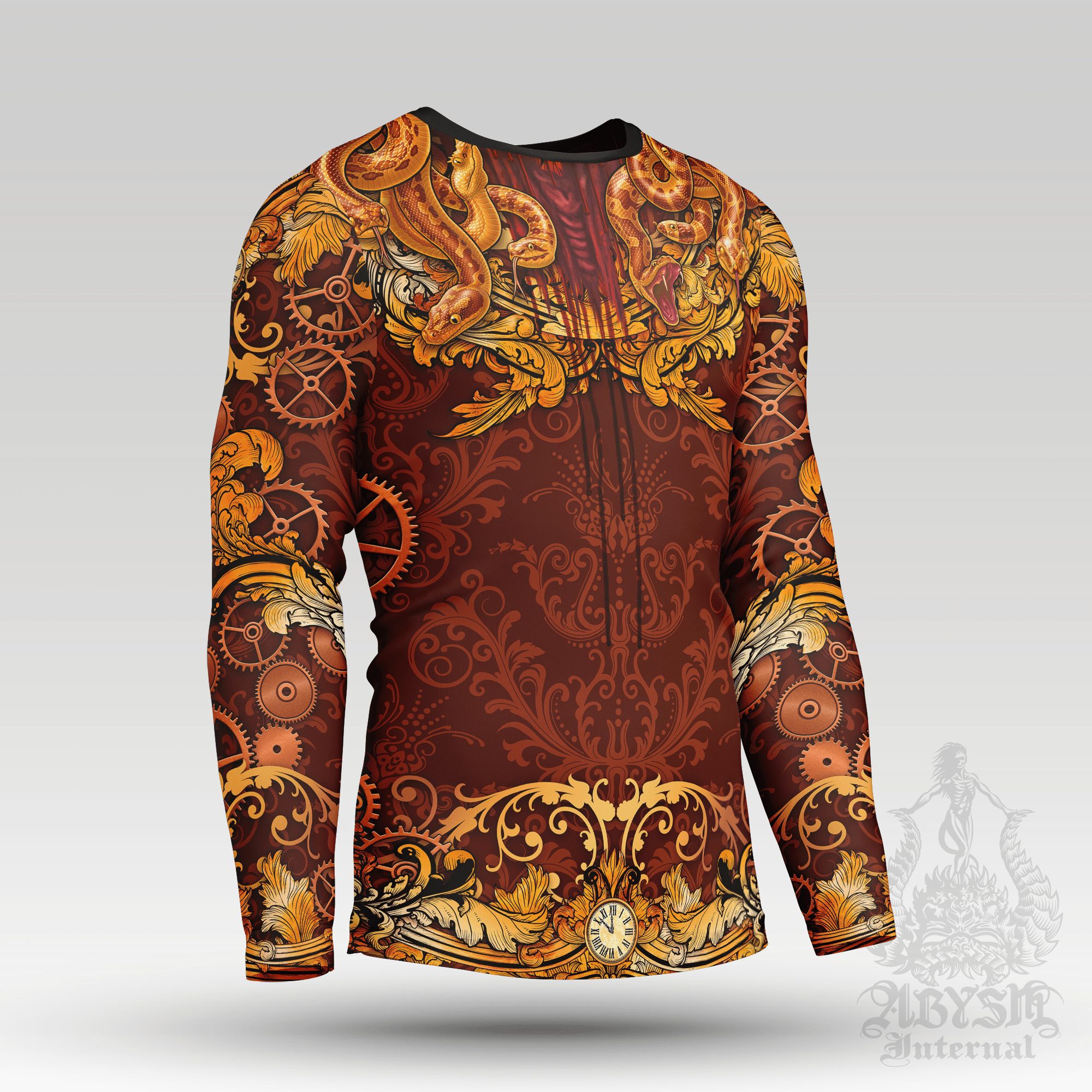 Steampunk Skull Rash Guard - Baroque Gorgon Long Sleeve Surf Shirt, Indie Medusa Sports Top | Mythology Fantasy Art UV Protection Activewear for Men and Women - Abysm Internal
