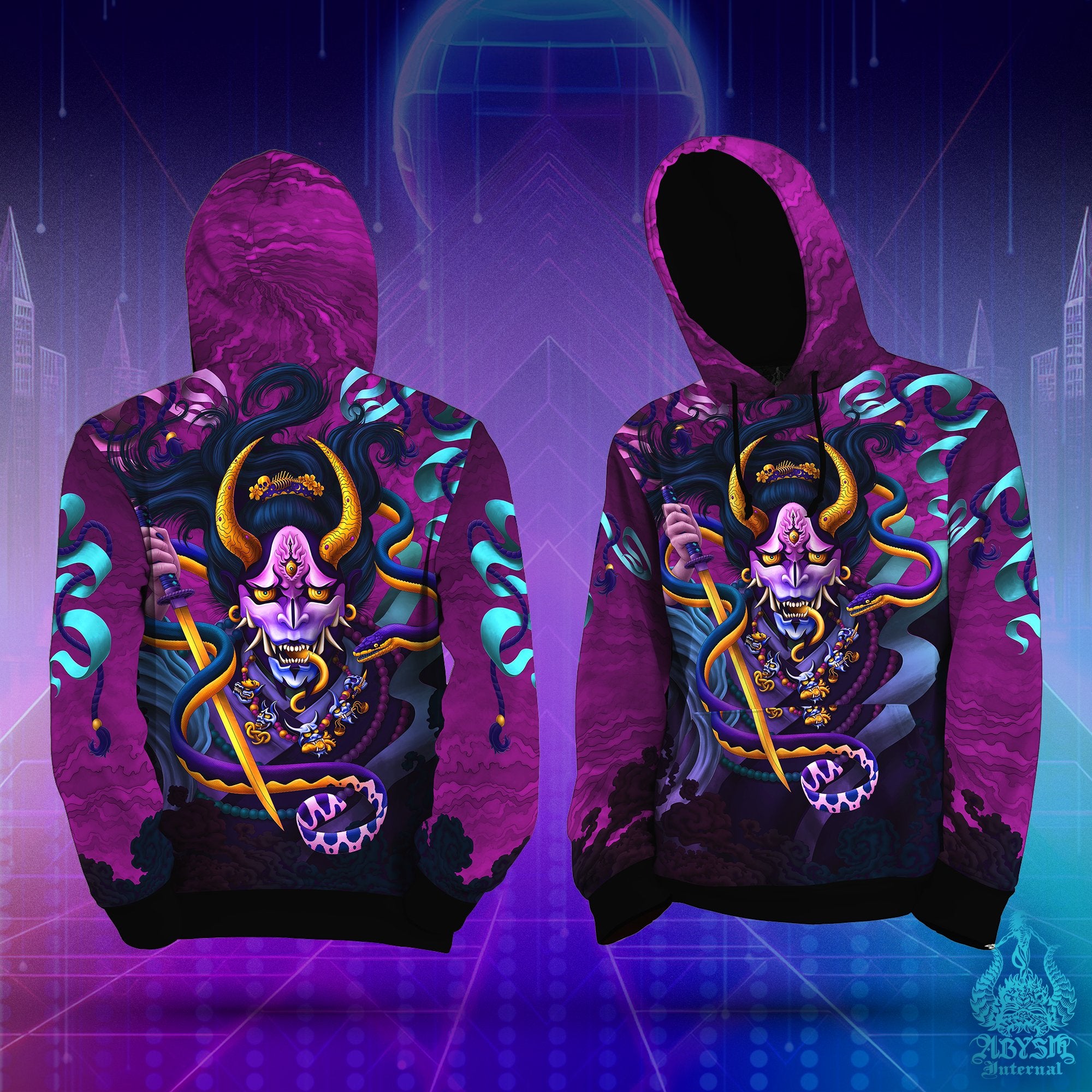 Street Dancer Hoodie, Psychedelic Sweater, Anime and Manga Streetwear, Fantasy Rave Outfit, Hannya & Snake, Japanese Oni Demon Pullover, Alternative Clothing, Unisex - Pastel Black - Abysm Internal