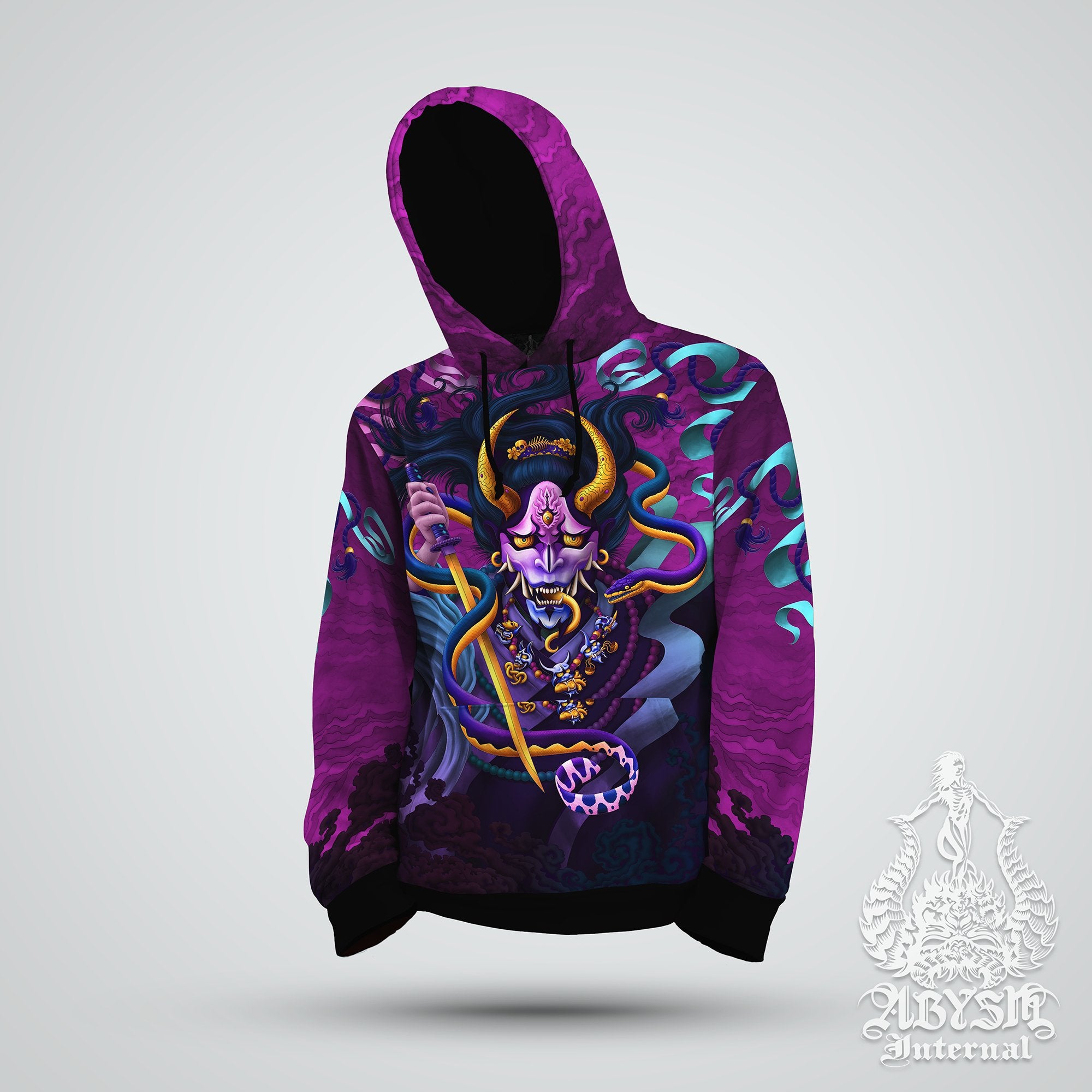 Street Dancer Hoodie, Psychedelic Sweater, Anime and Manga Streetwear, Fantasy Rave Outfit, Hannya & Snake, Japanese Oni Demon Pullover, Alternative Clothing, Unisex - Pastel Black - Abysm Internal