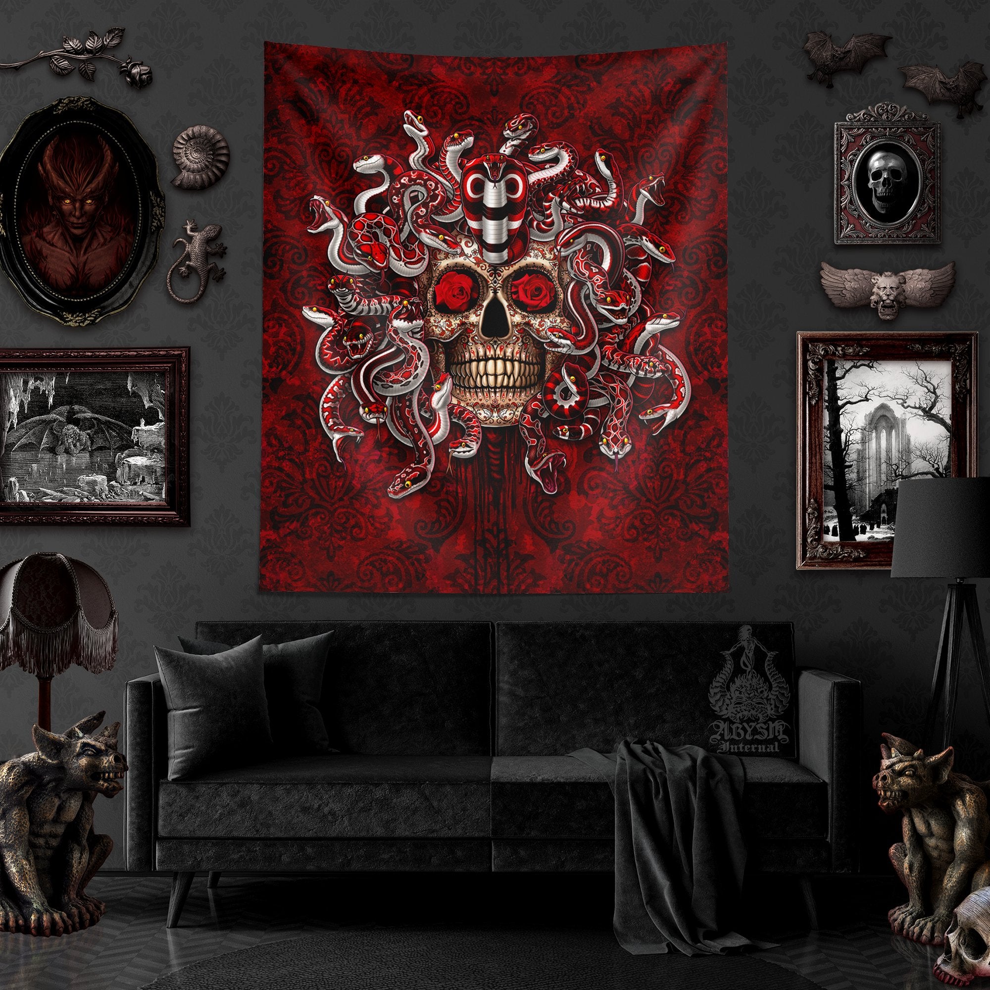 Sugar Skull Tapestry, Day of the Dead Wall Hanging, Dia de los Muertos, Mexican Goth Home Decor, Vertical Art Print - Medusa Snakes - Abysm Internal