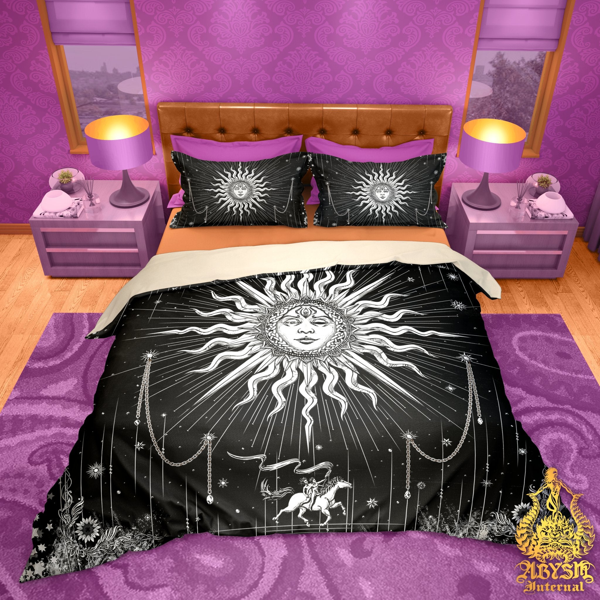 Sun Duvet Cover, Bed Covering, Boho Comforter, Indie Bedroom Decor King, Queen & Twin Bedding Set - Esoteric Tarot Arcana Art, Paper White and 6 Colors - Abysm Internal