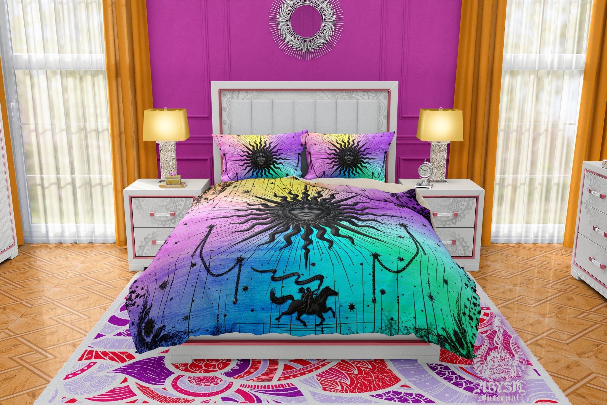 Sun Duvet Cover, Bed Covering, Indie Comforter, Psychedelic Bedroom Decor King, Queen & Twin Bedding Set - Tarot Arcana Art, Pastel Black - Abysm Internal