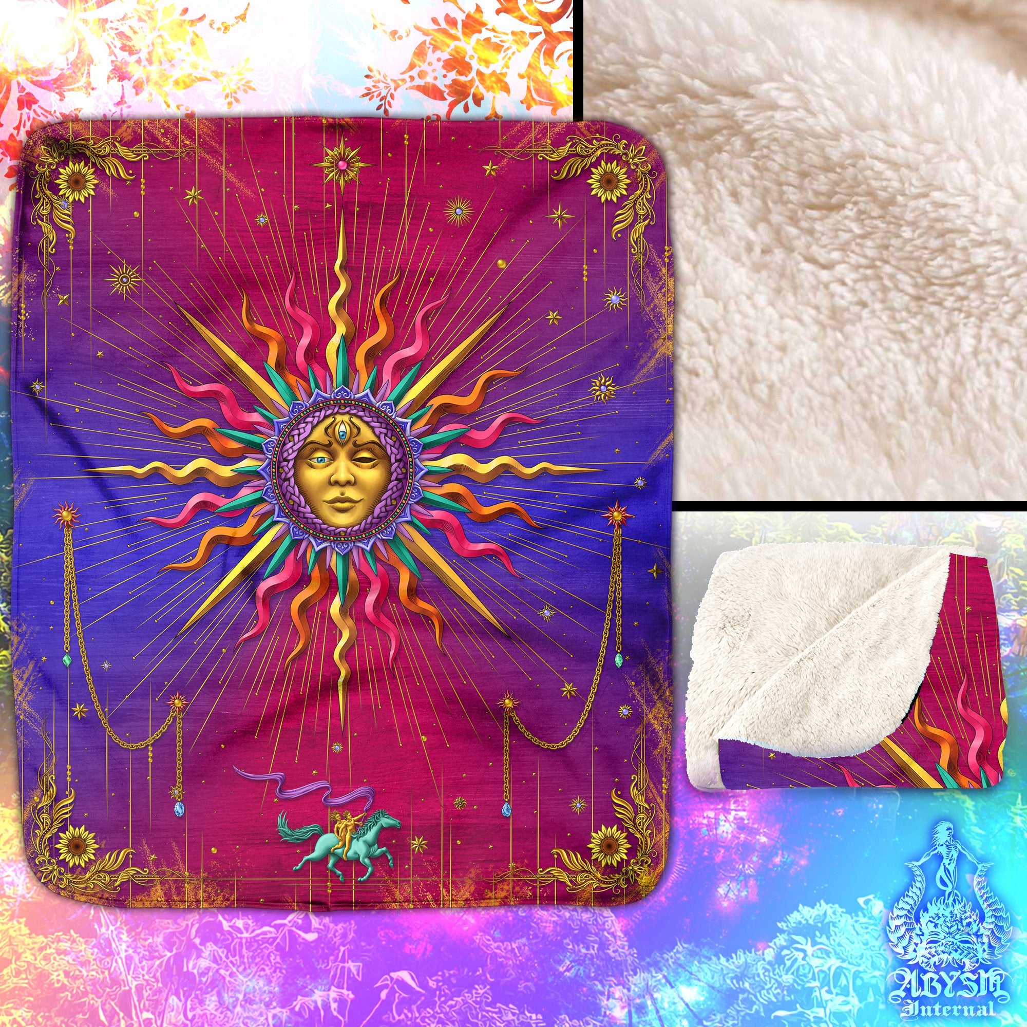 Sun Sherpa Fleece Throw Blanket, Esoteric Room, Tarot Arcana Art, Boho & Indie Home Decor, Fortune Gift - Psy - Abysm Internal
