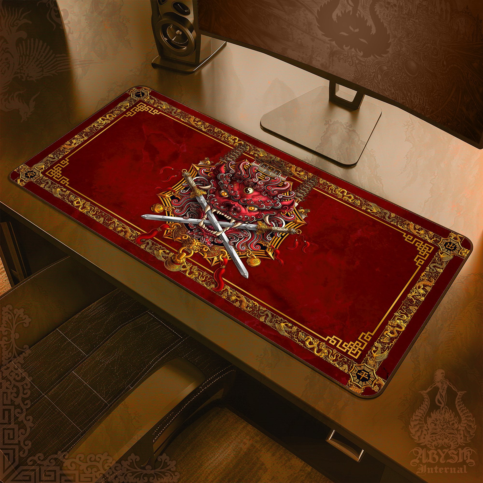 Taiwan Lion Gaming Desk Mat, Red Mouse Pad, Chinese Table Protector Cover, Asian Workpad, Fantasy Art Print - Abysm Internal