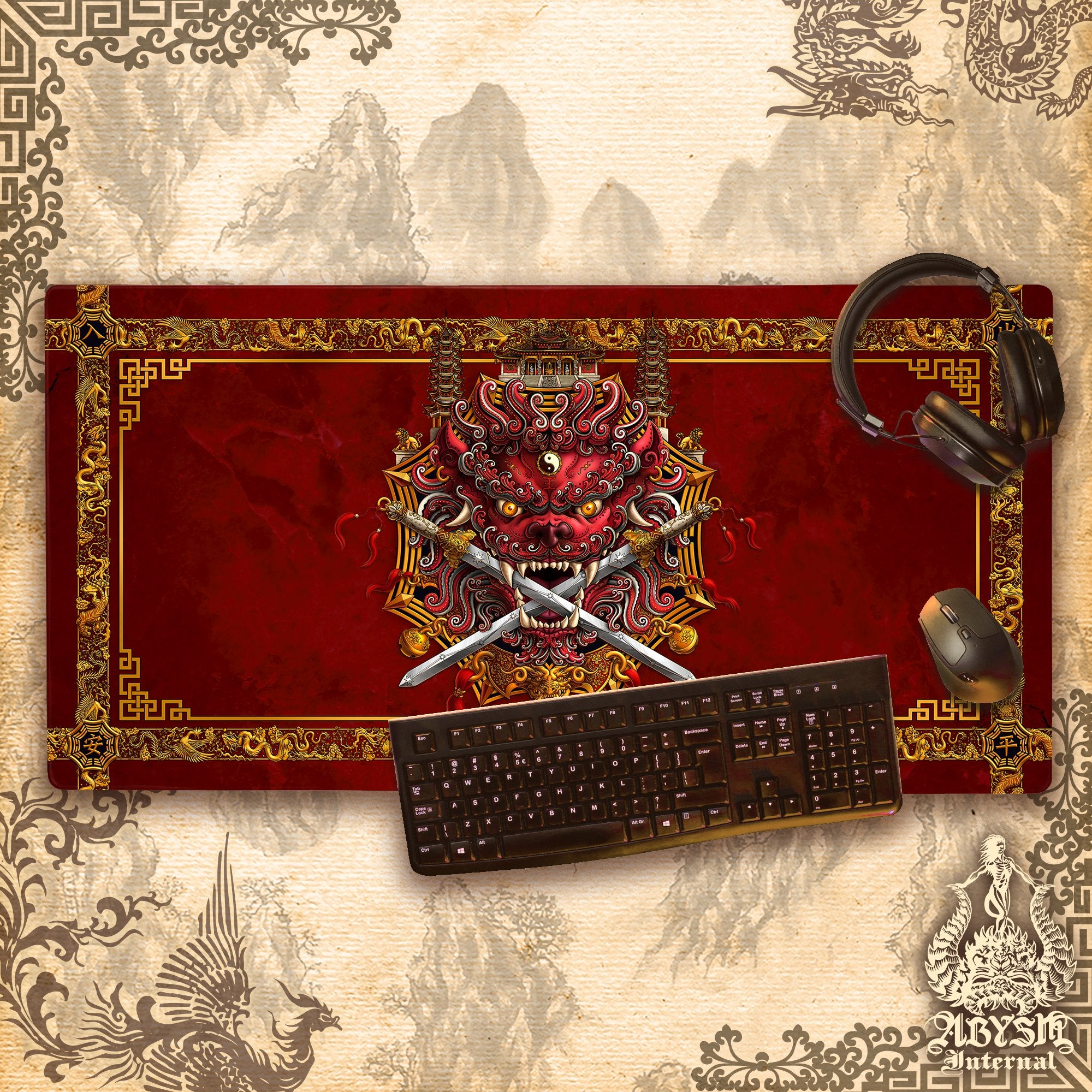 Taiwan Lion Gaming Desk Mat, Red Mouse Pad, Chinese Table Protector Cover, Asian Workpad, Fantasy Art Print - Abysm Internal