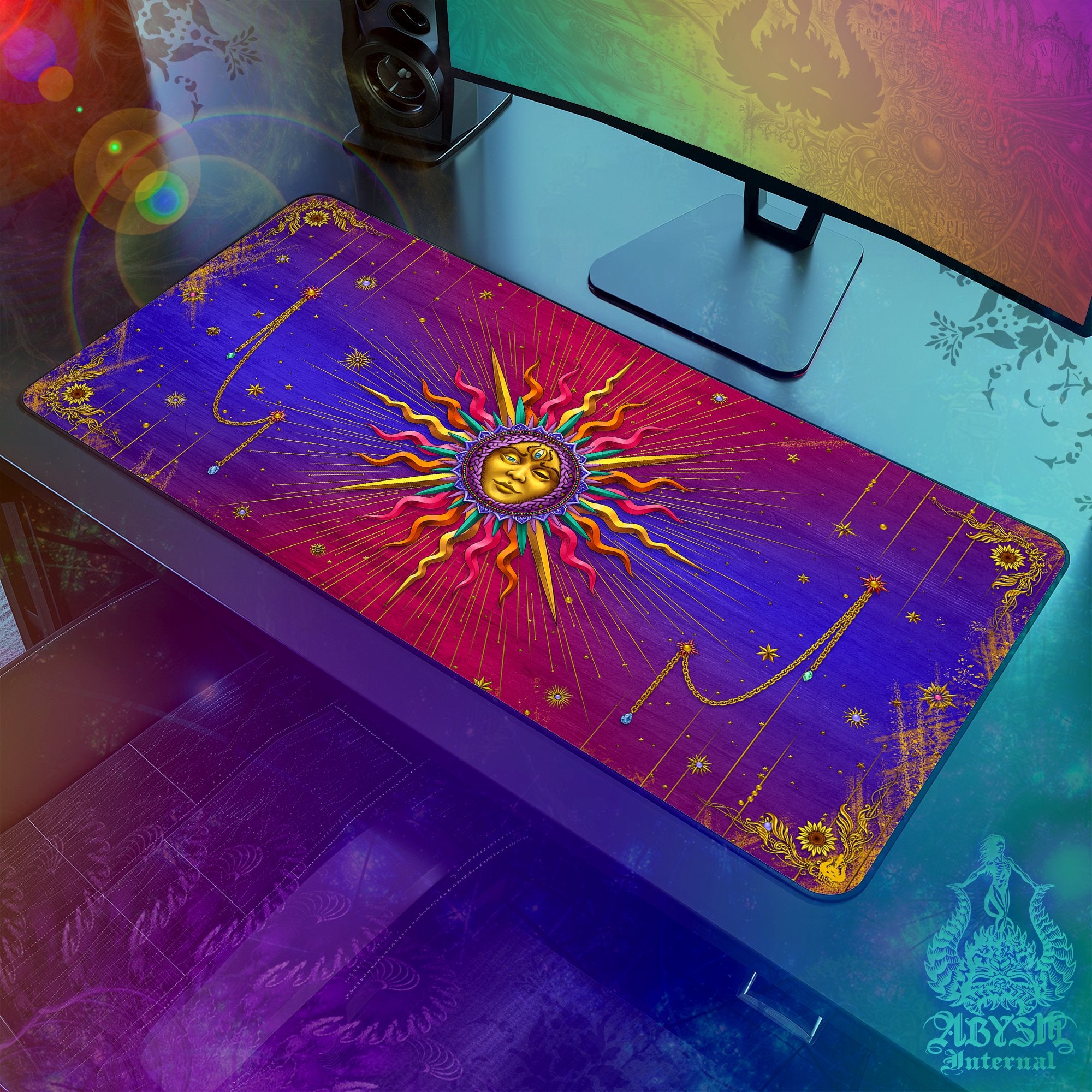 Tarot Arcana Desk Mat, Sun Gaming Mouse Pad, Witchy Table Protector Cover, Colorful Witch Workpad, Esoteric Art Print - Psy - Abysm Internal