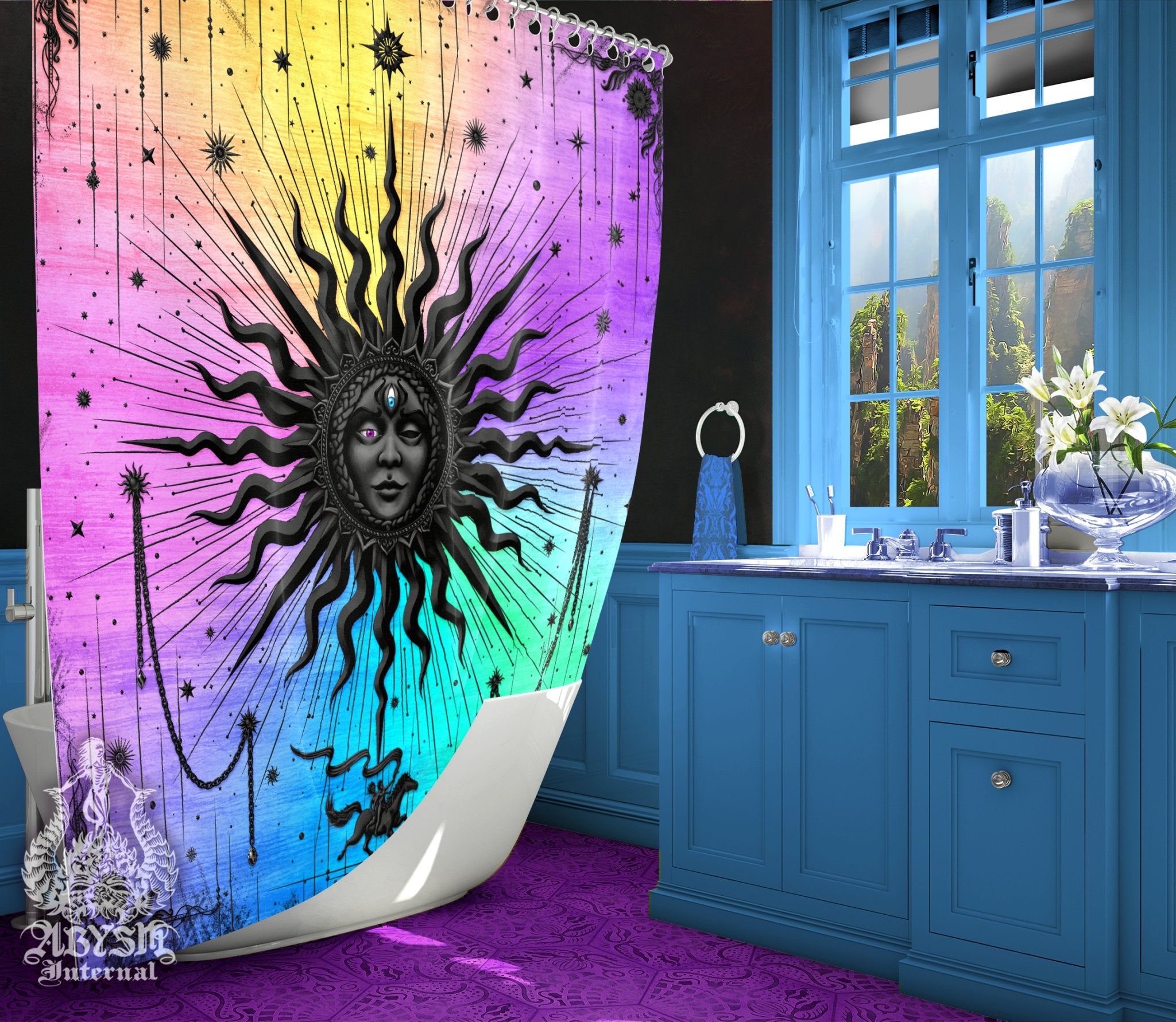 Tarot Arcana Sun Shower Curtain, 71x74 inches, Psychedelic Bathroom Decor, Esoteric Art Print, Boho Home - Pastel Black - Abysm Internal