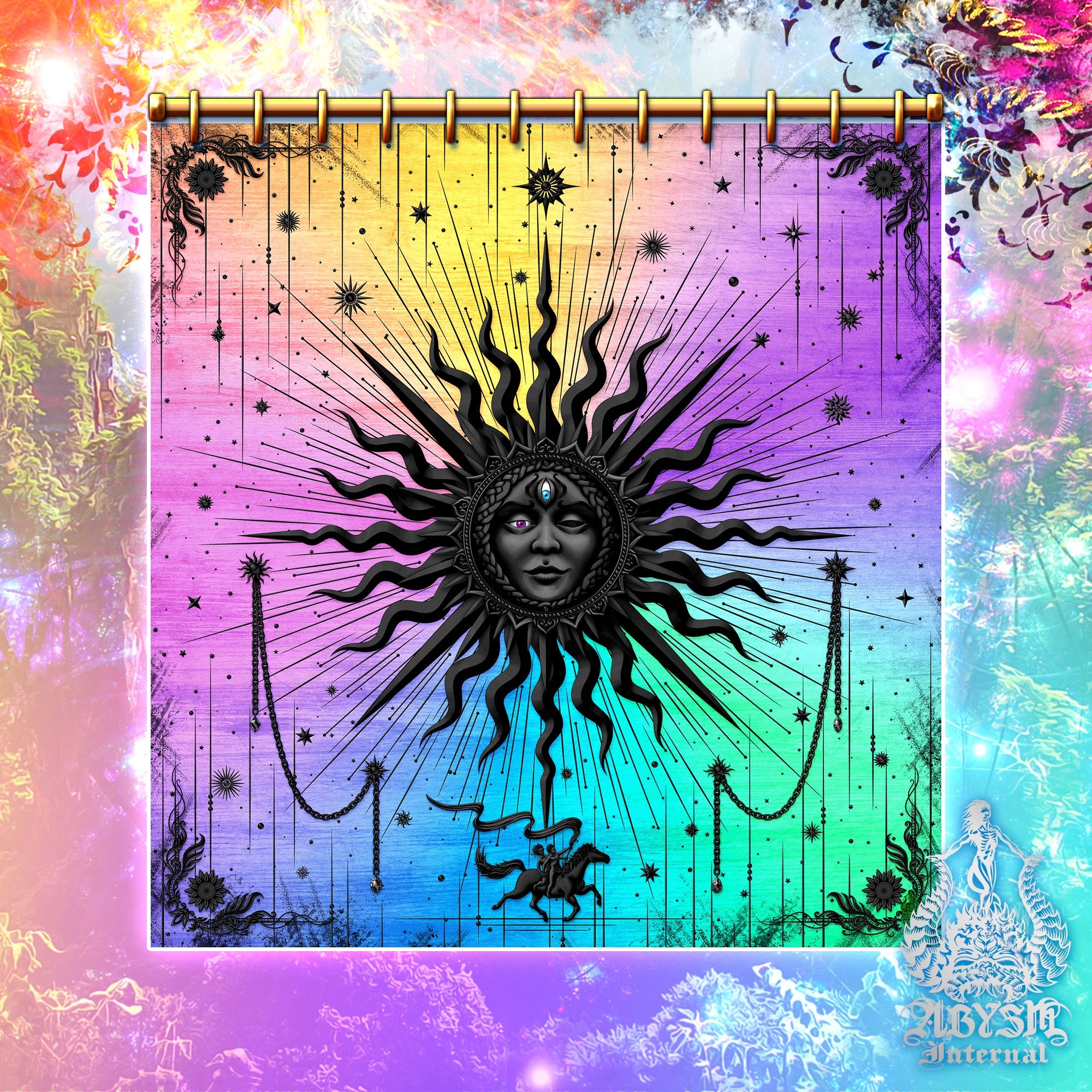 Tarot Arcana Sun Shower Curtain, 71x74 inches, Psychedelic Bathroom Decor, Esoteric Art Print, Boho Home - Pastel Black - Abysm Internal