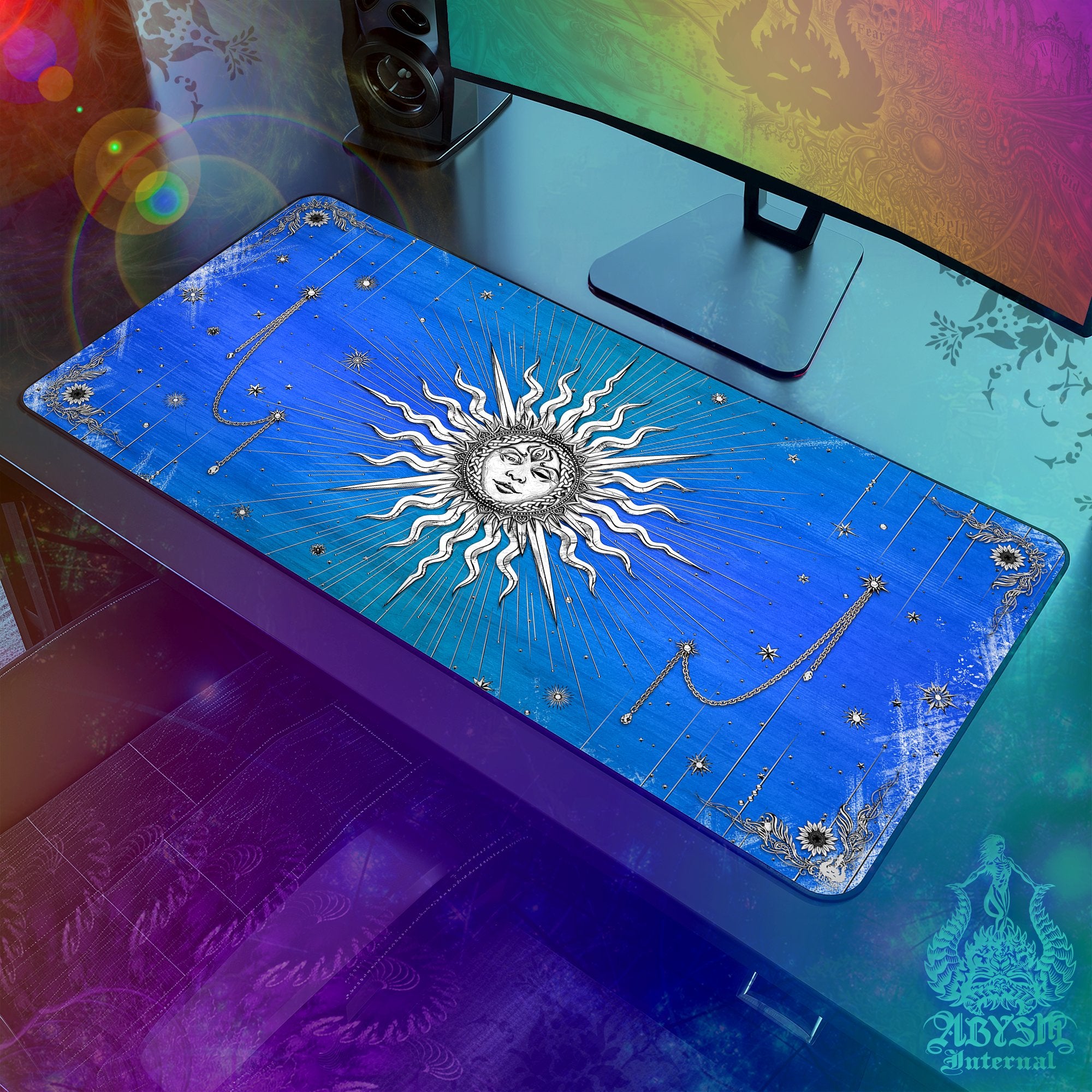Tarot Arcana Workpad, White Sun Desk Mat, Boho Gaming Mouse Pad, Indie Table Protector Cover, Esoteric Art Print - 6 Colors - Abysm Internal