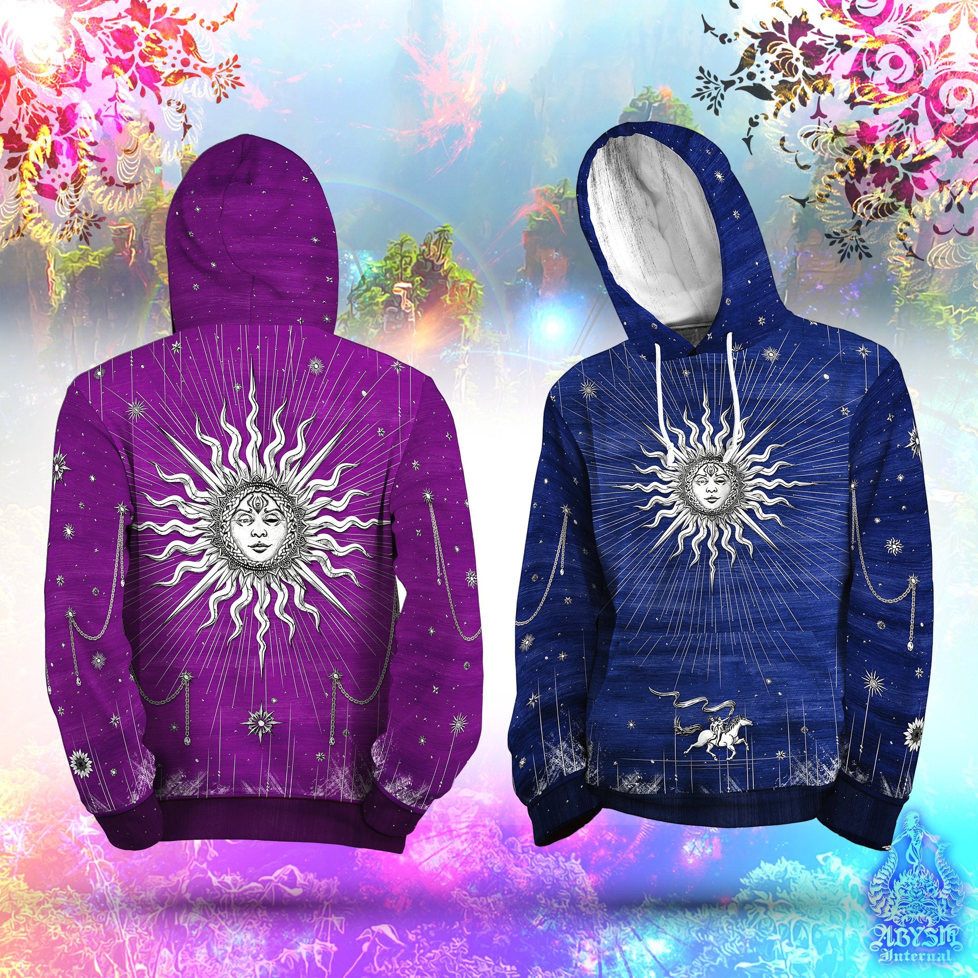 Tarot Sun Hoodie, Magic Arcana Pullover, Indie Sweater, Esoteric Street Outfit, Positive Streetwear, Boho Clothing, Unisex - White and 6 Colors - Abysm Internal