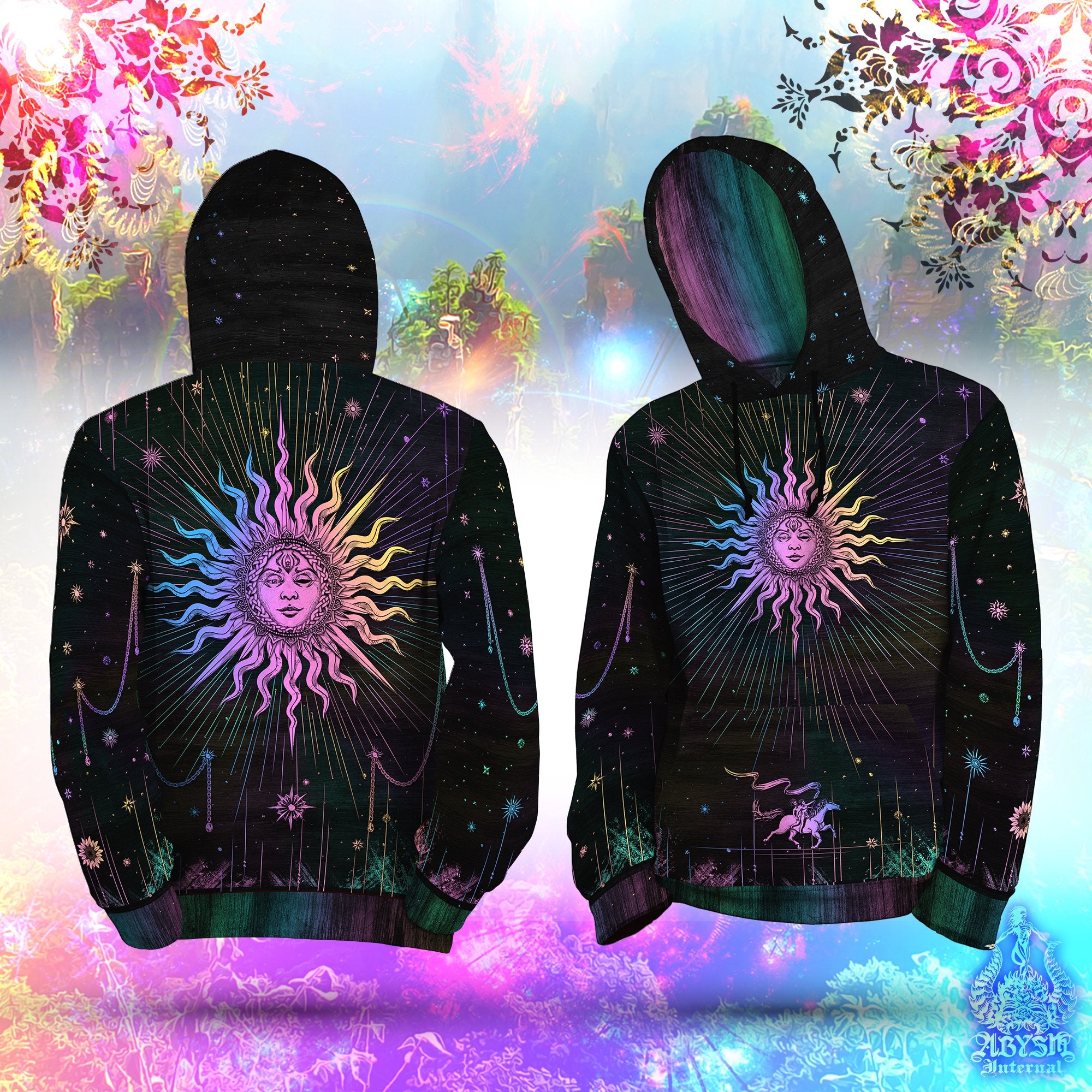 The Sun Hoodie, Tarot Arcana Pullover, Indie Sweater, Magic Party Street Outfit, Esoteric Streetwear, Boho Festival Clothing, Unisex - Dark Pastel - Abysm Internal