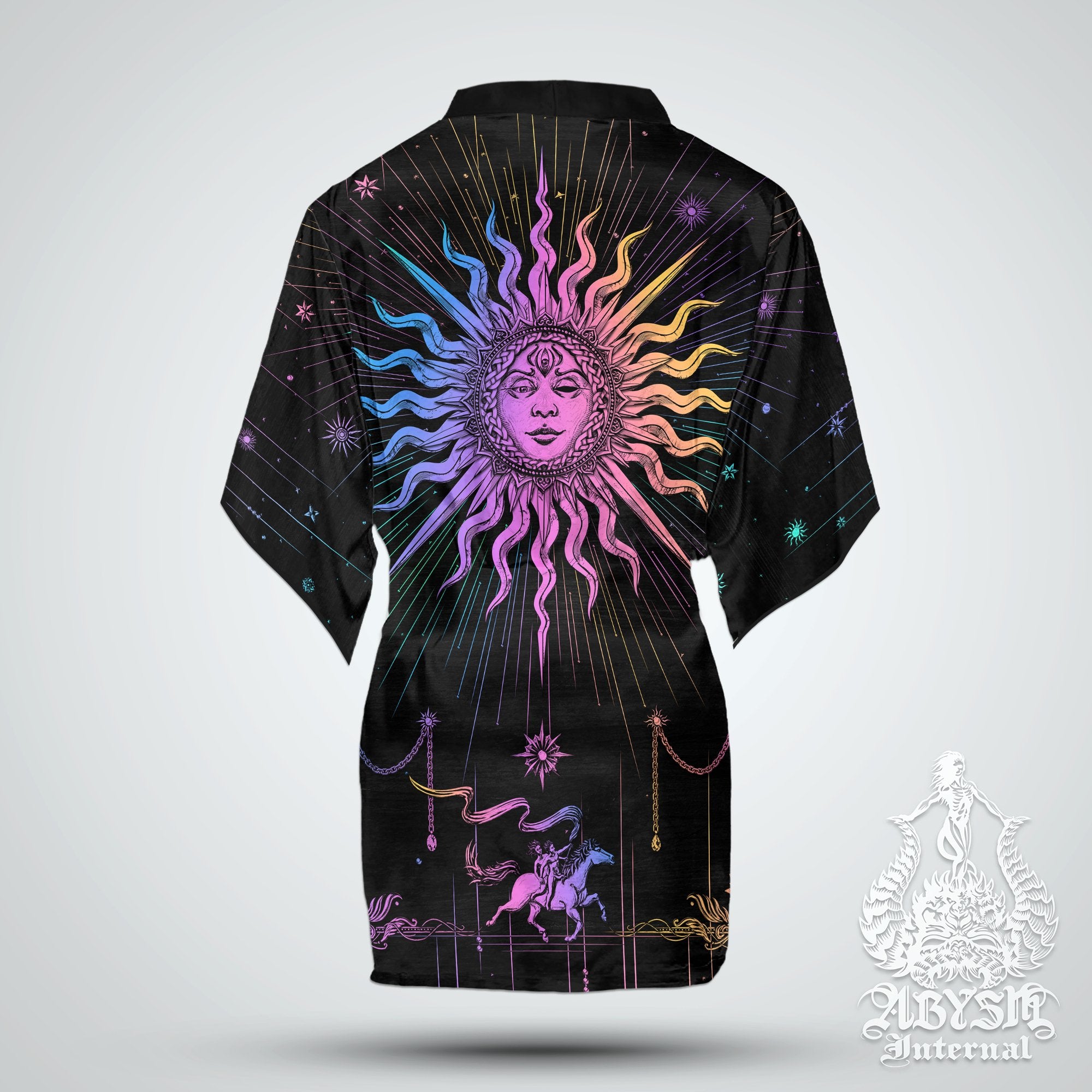 The Sun Short Kimono Robe, Colorful Beach Party Outfit, Tarot Arcana Coverup, Indie and Boho Summer Festival Clothing, Unisex - Dark Pastel - Abysm Internal