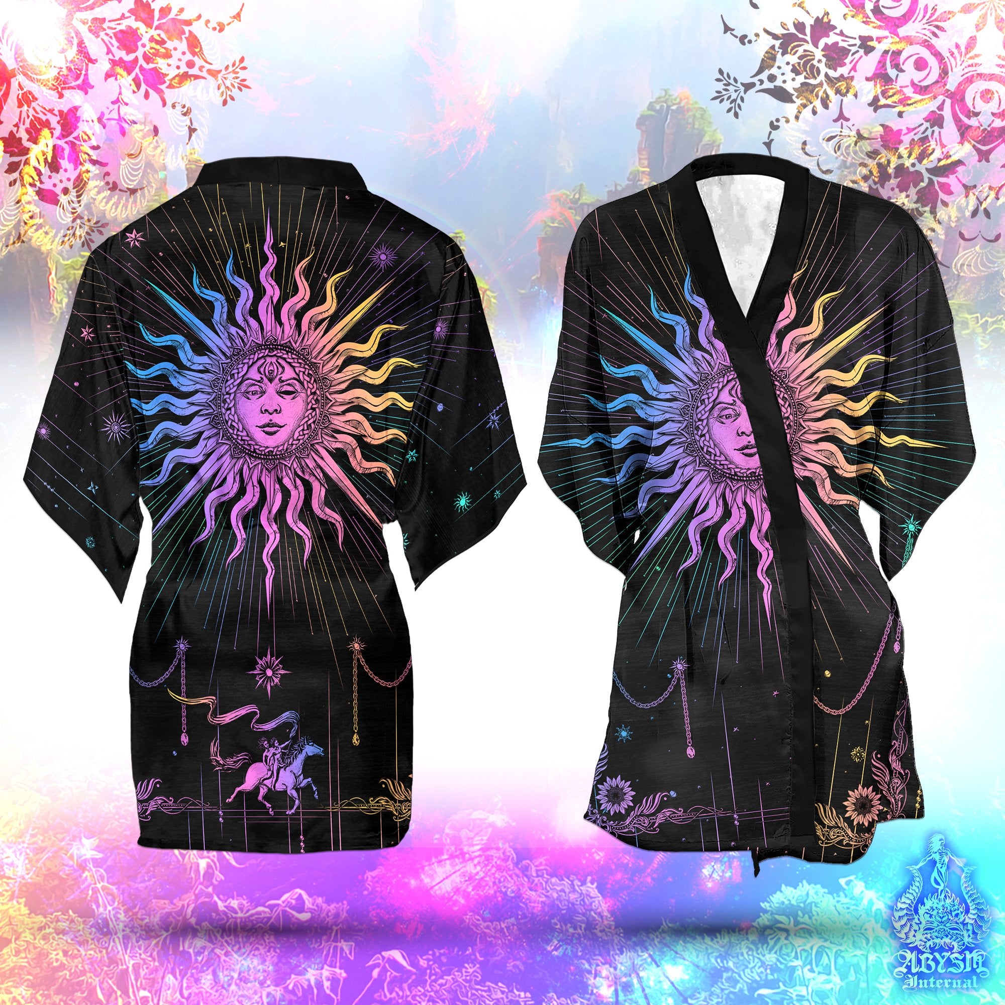 The Sun Short Kimono Robe, Colorful Beach Party Outfit, Tarot Arcana Coverup, Indie and Boho Summer Festival Clothing, Unisex - Dark Pastel - Abysm Internal