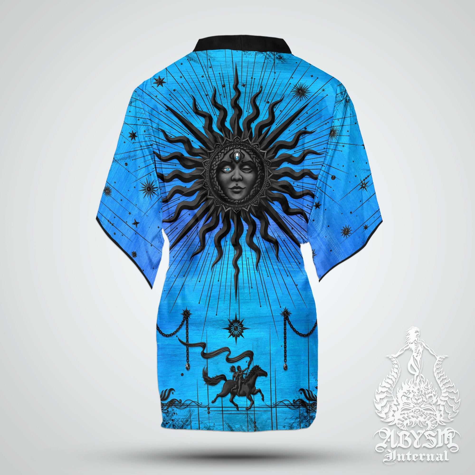 The Sun Short Kimono Robe, Witch Beach Party Outfit, Tarot Arcana Coverup, Pagan Summer Festival, Witchy Clothing, Unisex - Cyan and Black - Abysm Internal