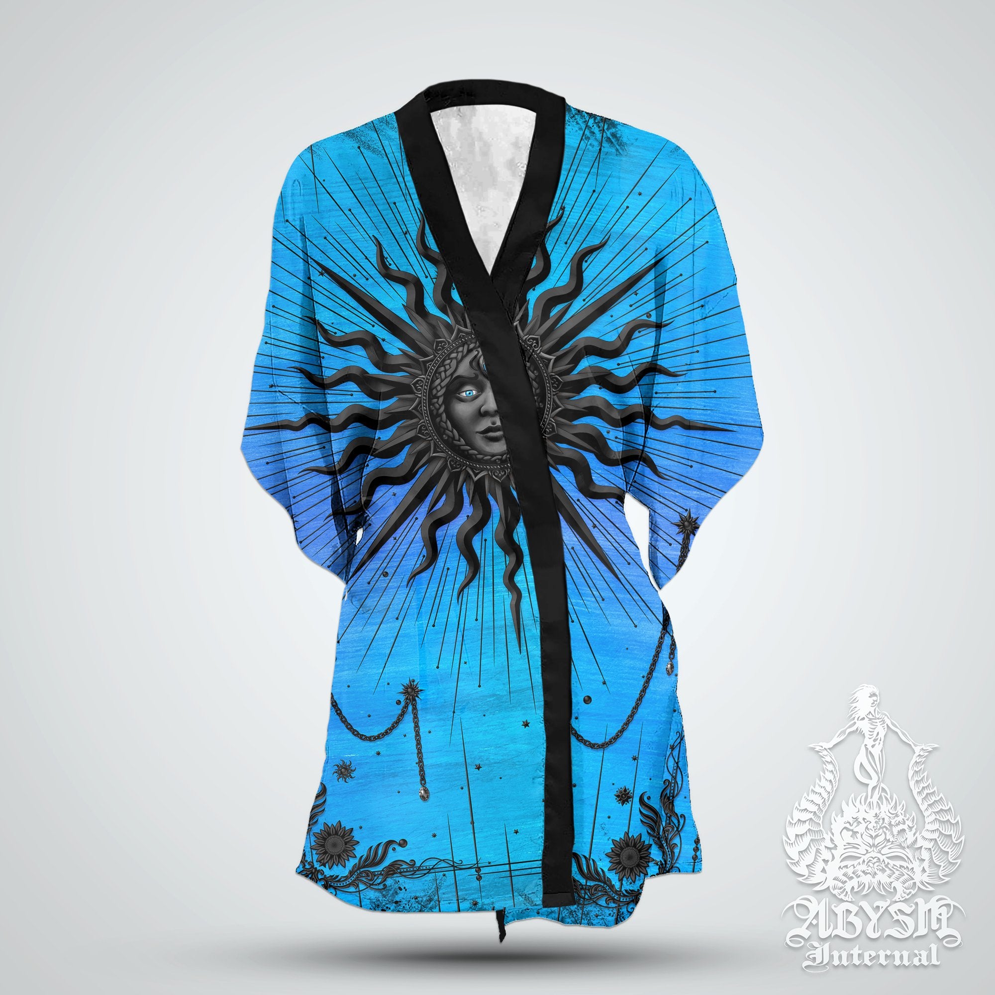 The Sun Short Kimono Robe, Witch Beach Party Outfit, Tarot Arcana Coverup, Pagan Summer Festival, Witchy Clothing, Unisex - Cyan and Black - Abysm Internal