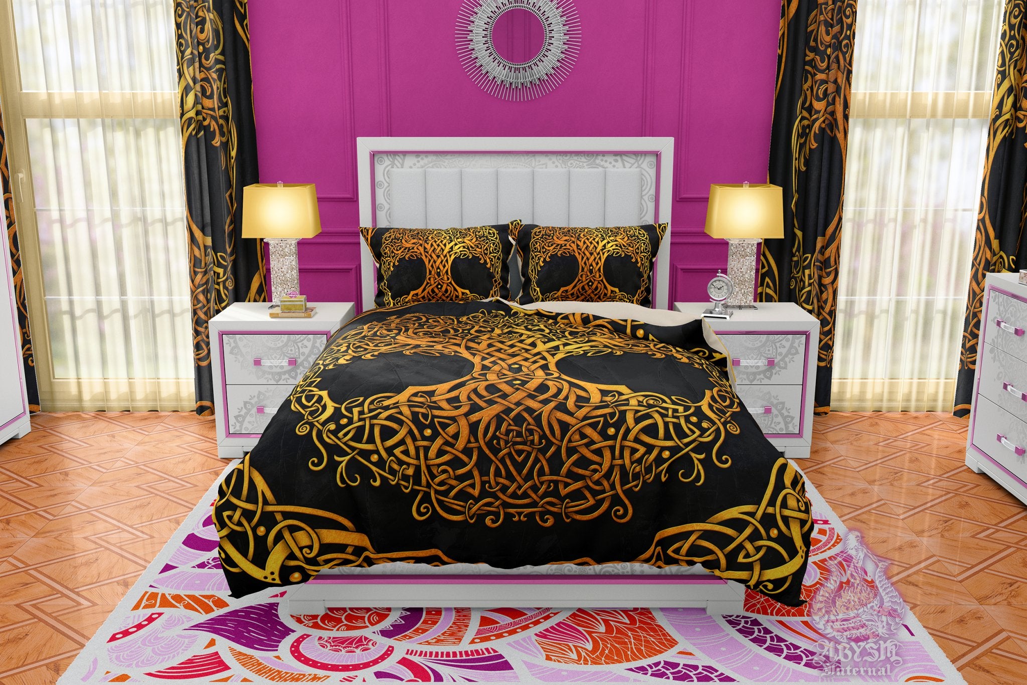Tree of Life Bed Cover, Indie Bedding Set, Comforter or Duvet, Witchy Bedroom Decor King, Queen & Twin Size - Celtic, Gold and 3 Colors: Green, Purple, Black - Abysm Internal