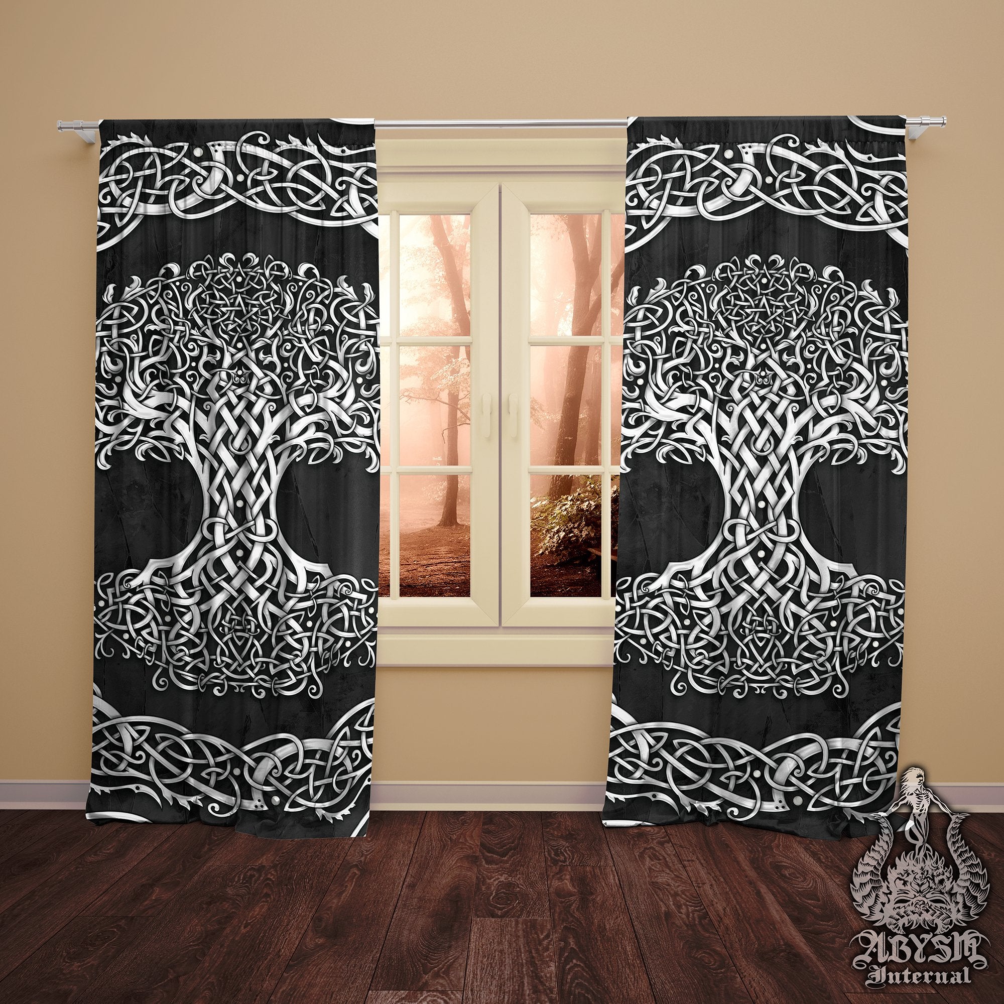Tree of Life Curtains, 50x84' Printed Window Panels, Celtic Knot, Boho and Wiccan Room Decor, Art Print, Funky and Eclectic Home Decor - White and 3 Colors - Abysm Internal