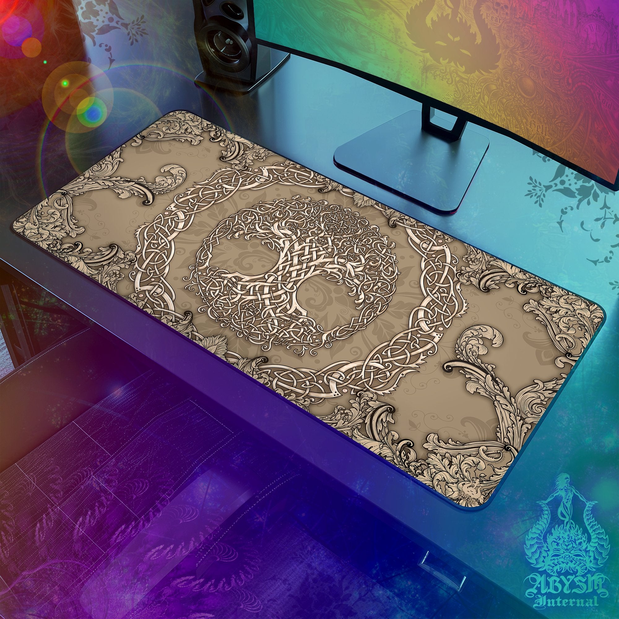 Tree of Life Gaming Desk Mat, Celtic Knotwork Mouse Pad, Wicca Table Protector Cover, Indie Workpad, Indie Art Print - Cream - Abysm Internal