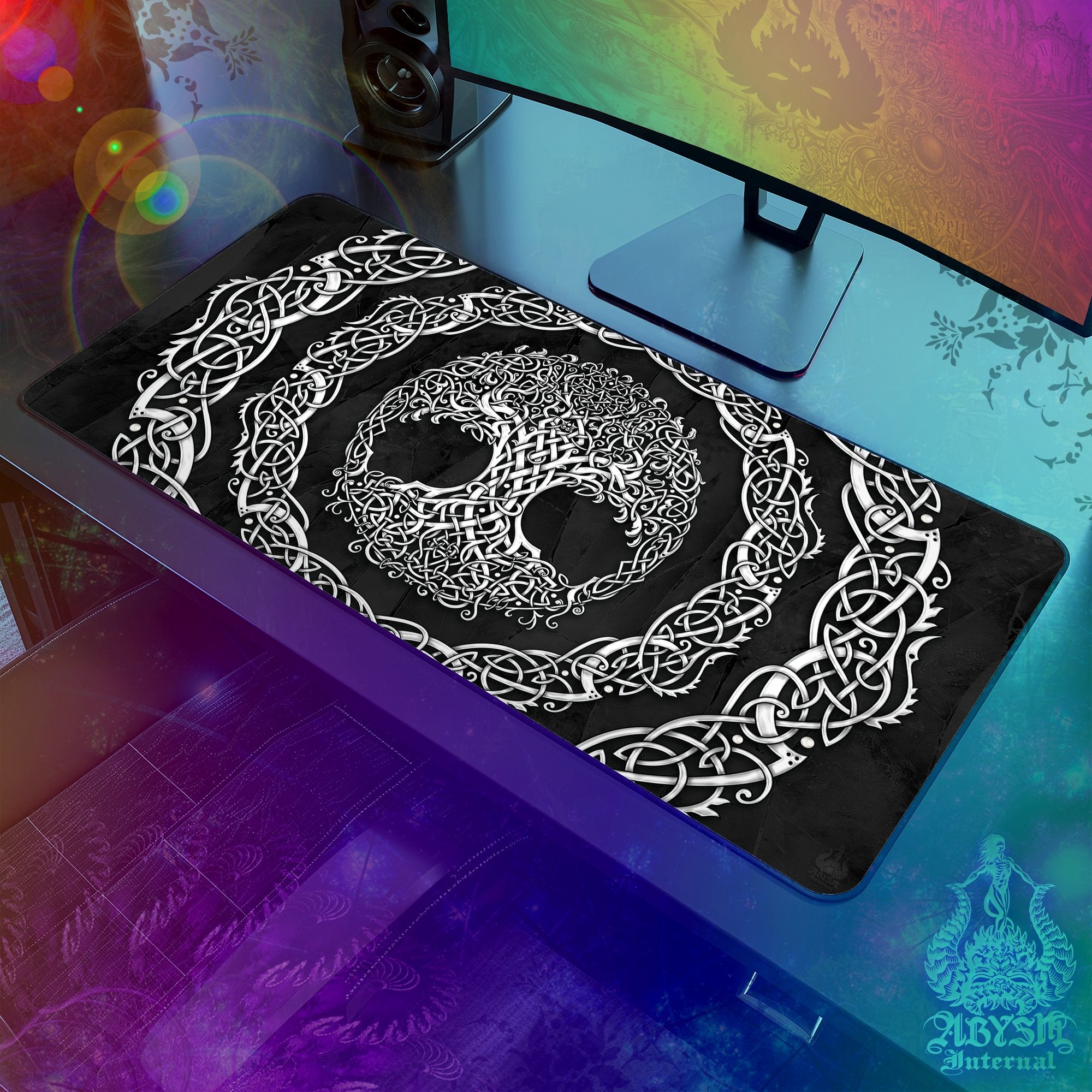 Tree of Life Gaming Mouse Pad, Celtic Knotwork Desk Mat, Wicca Table Protector Cover, Boho Workpad, Art Print - White, 3 Colors - Abysm Internal