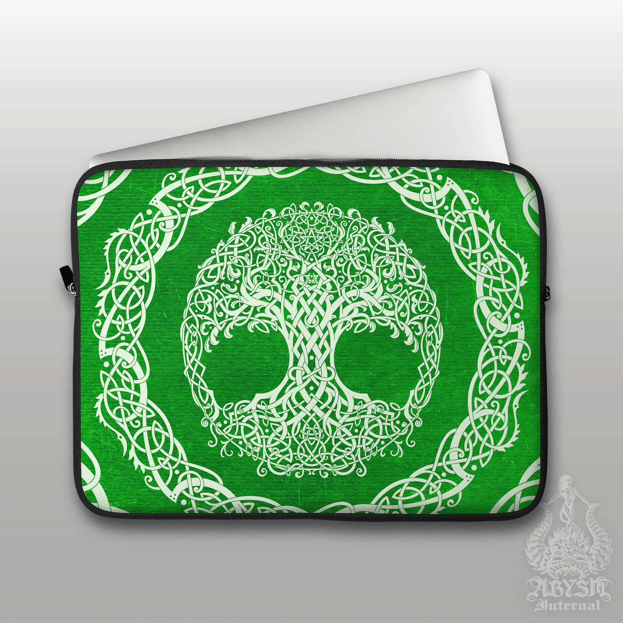 Tree of Life Laptop Case – Pagan Art, Green White, 13" & 15", Celtic Knotwork, Printed Padded Soft Sleeve - Abysm Internal