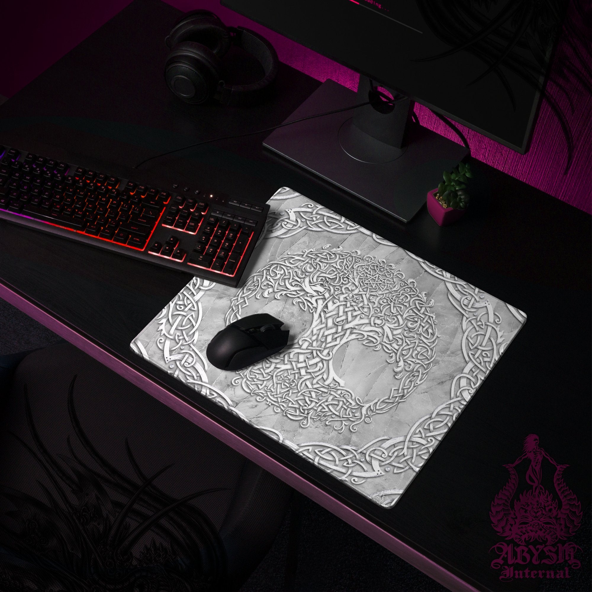Tree of Life Mouse Pad, Celtic Knotwork Gaming Desk Mat, Wicca Workpad, Indie Table Protector Cover, Art Print - Stone - Abysm Internal