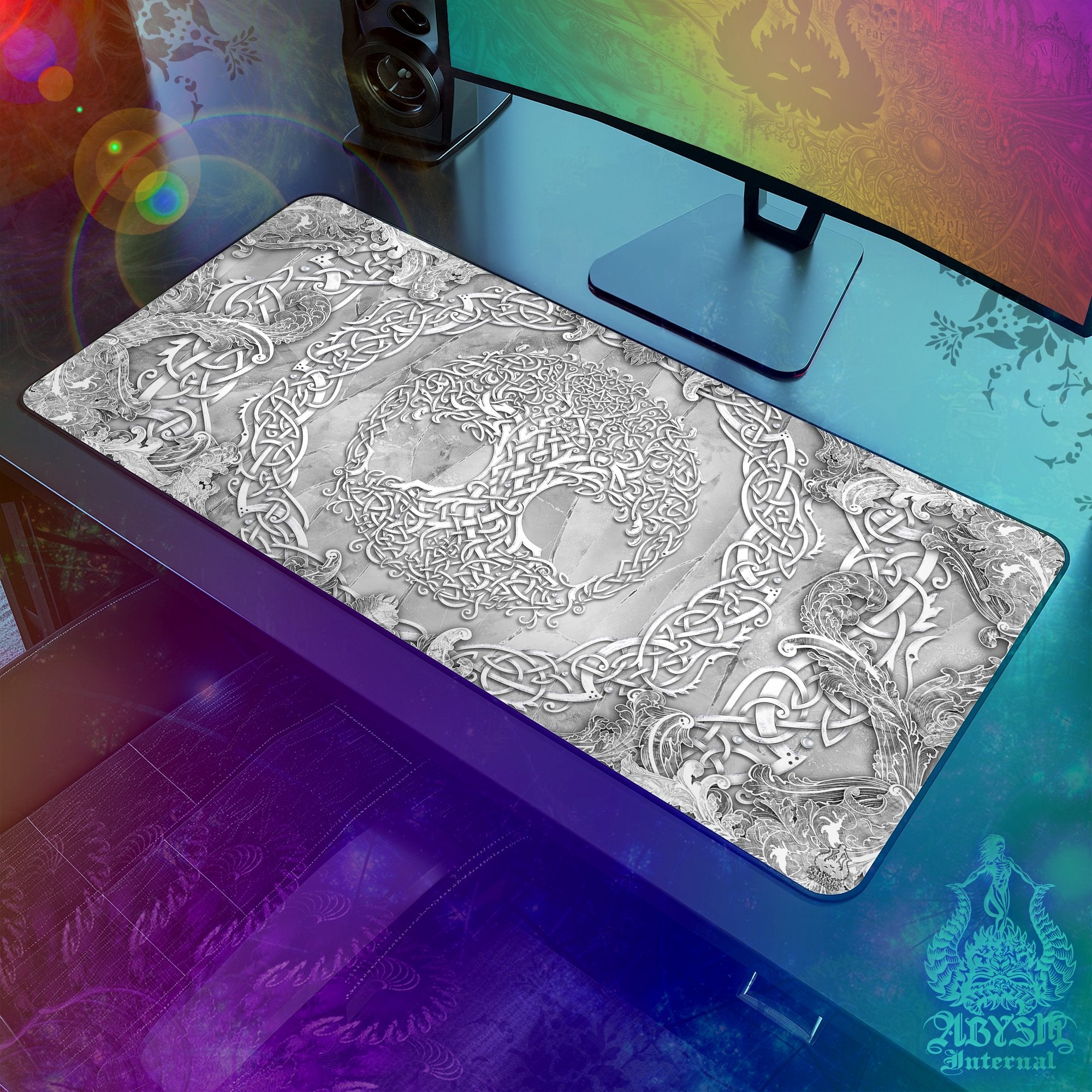 Tree of Life Mouse Pad, Celtic Knotwork Gaming Desk Mat, Wicca Workpad, Indie Table Protector Cover, Art Print - Stone - Abysm Internal