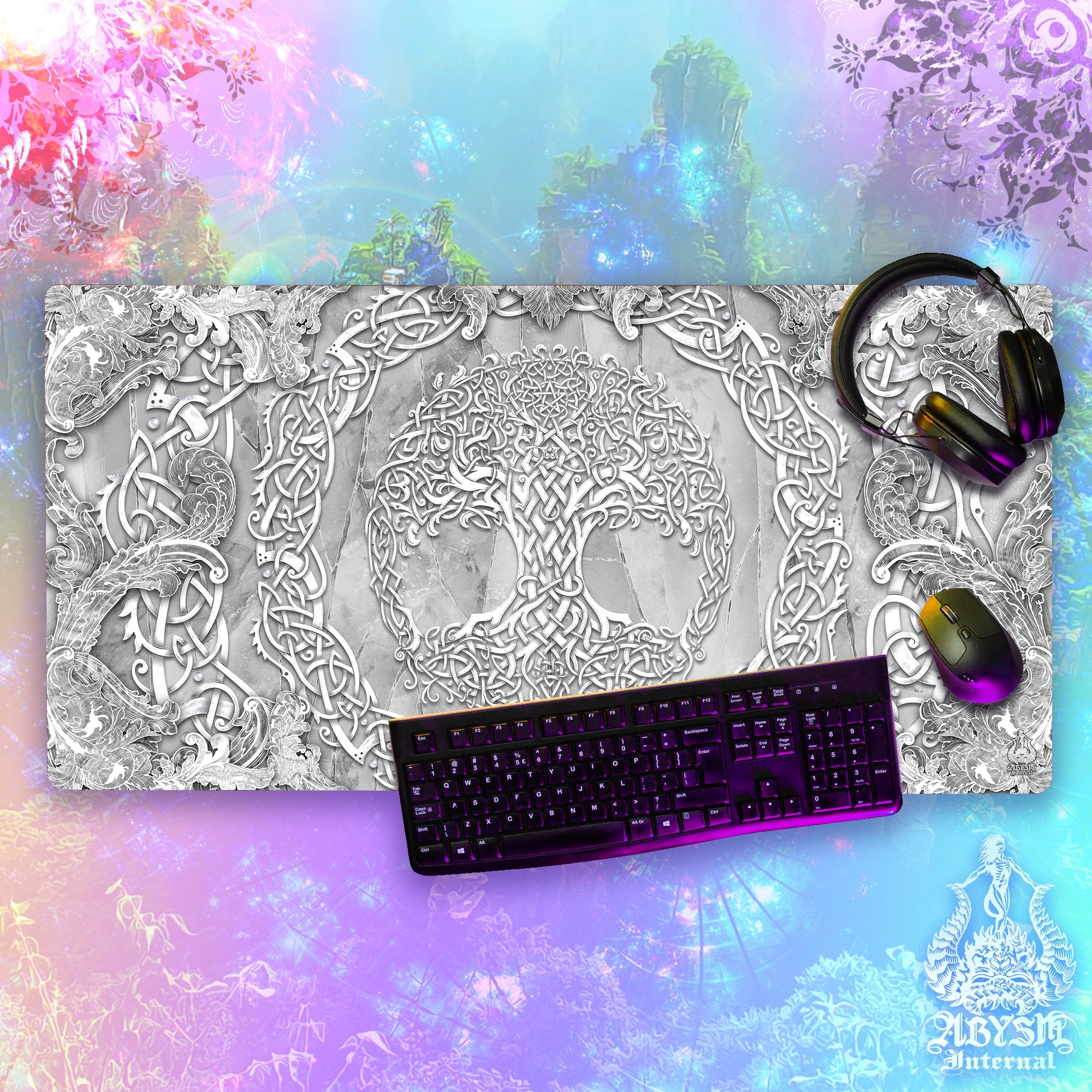 Tree of Life Mouse Pad, Celtic Knotwork Gaming Desk Mat, Wicca Workpad, Indie Table Protector Cover, Art Print - Stone - Abysm Internal