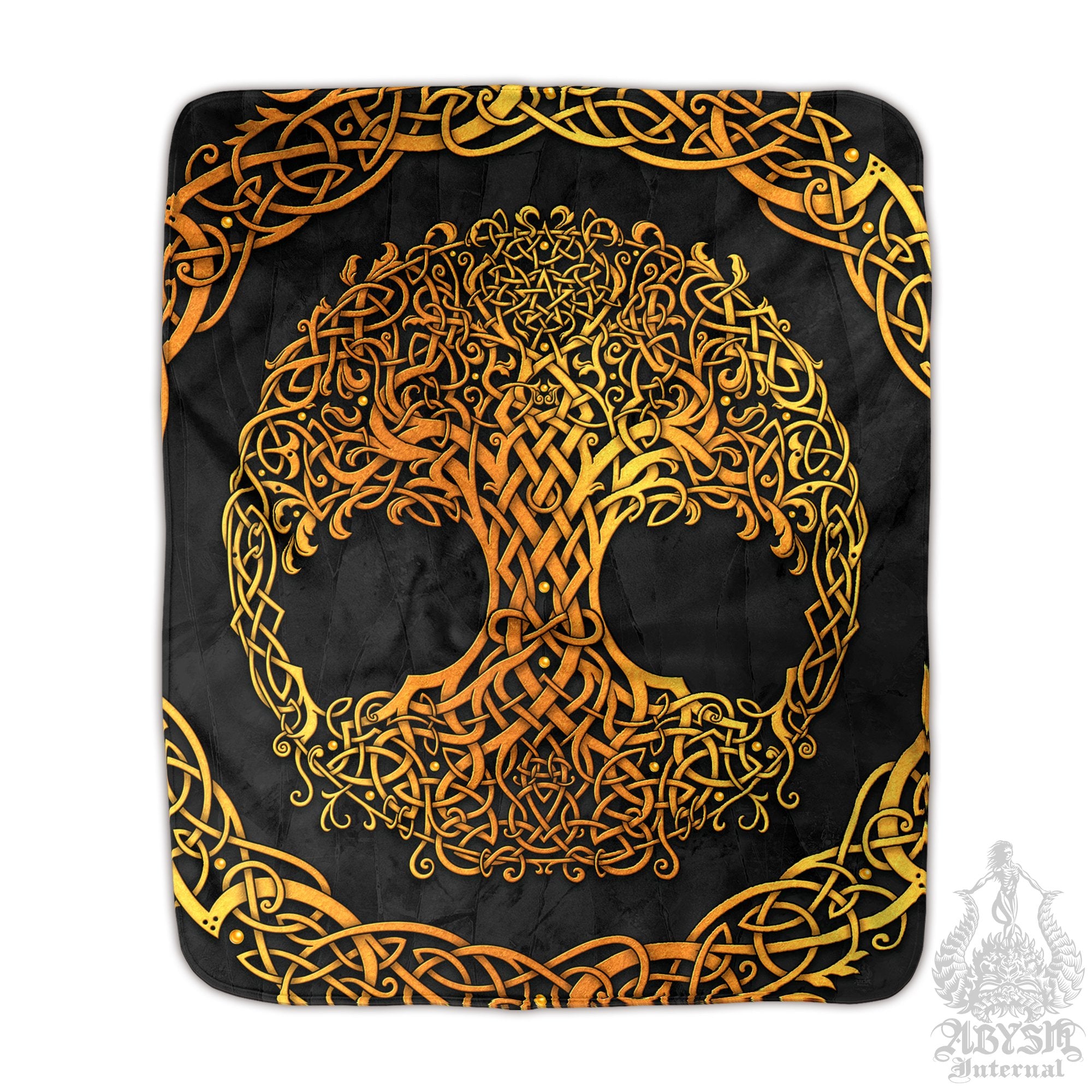 Tree of Life Sherpa Fleece Throw Blanket, Pagan Decor, Celtic Knot, Witchy Room, Wicca - Gold and 3 Colors - Abysm Internal