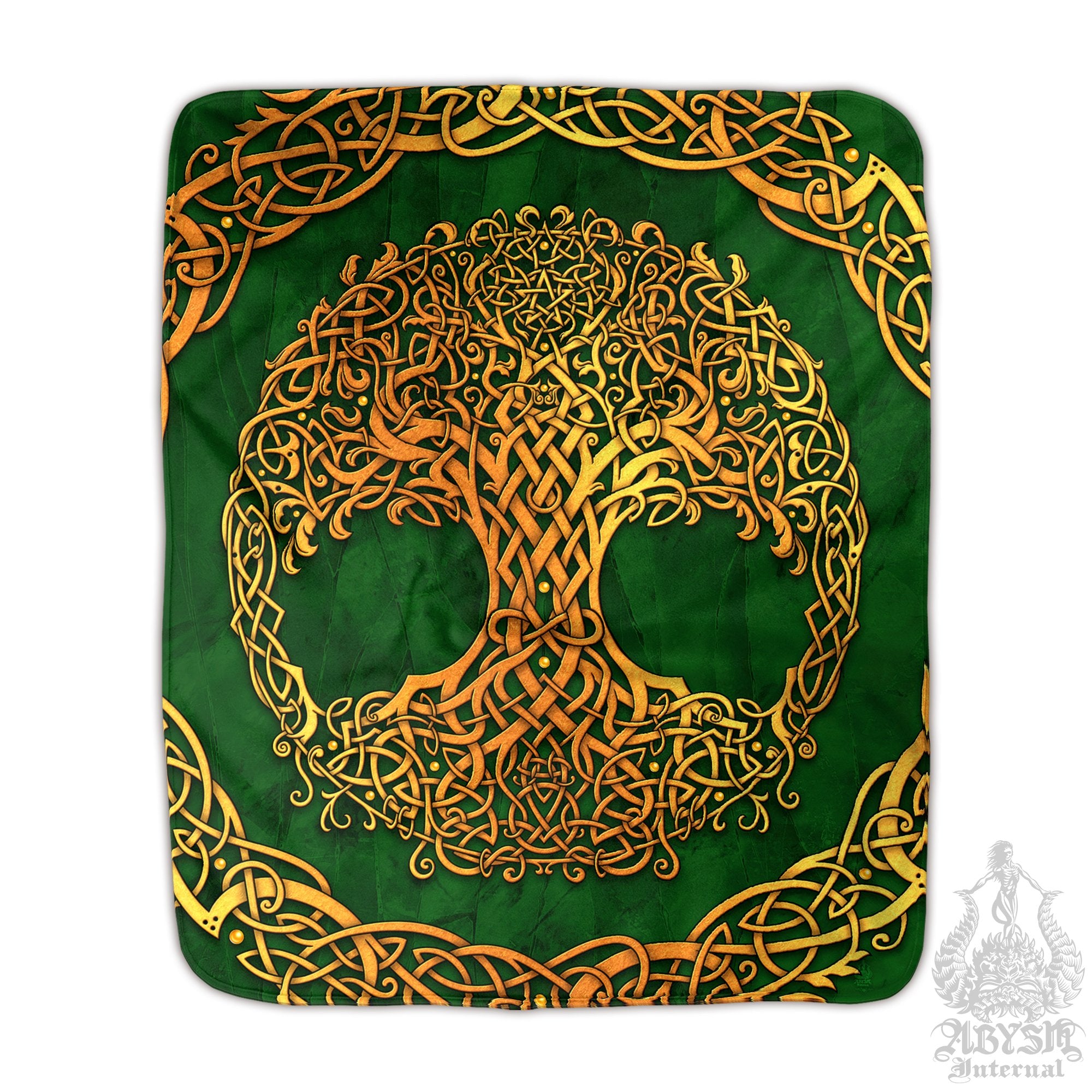 Tree of Life Sherpa Fleece Throw Blanket, Pagan Decor, Celtic Knot, Witchy Room, Wicca - Gold and 3 Colors - Abysm Internal