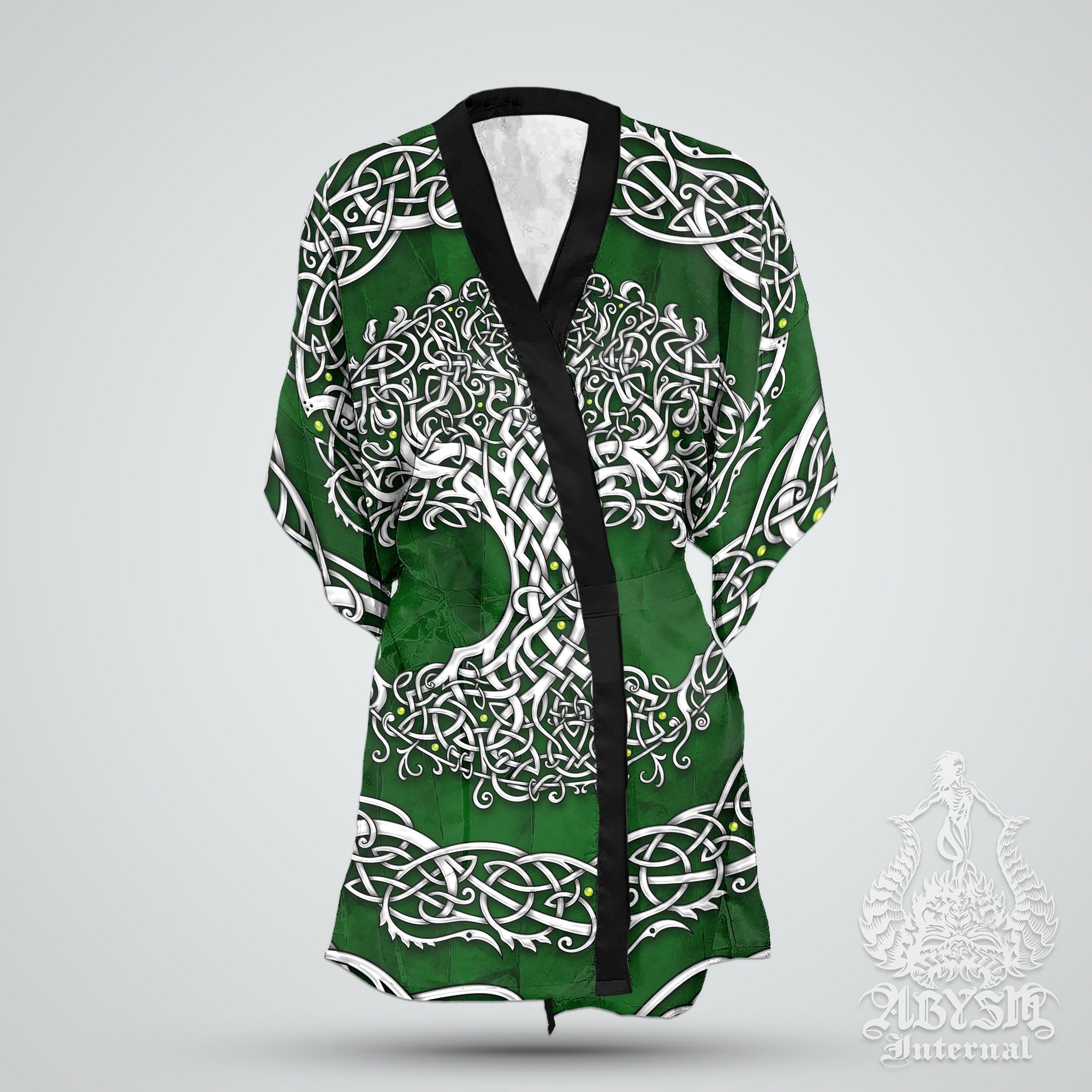 Tree of Life Short Kimono Robe, Beach Party Outfit, Hippie Coverup, Celtic Wicca Summer Festival, Witchy Indie Clothing, Unisex - White and Colors: Purple, Green, Black - Abysm Internal