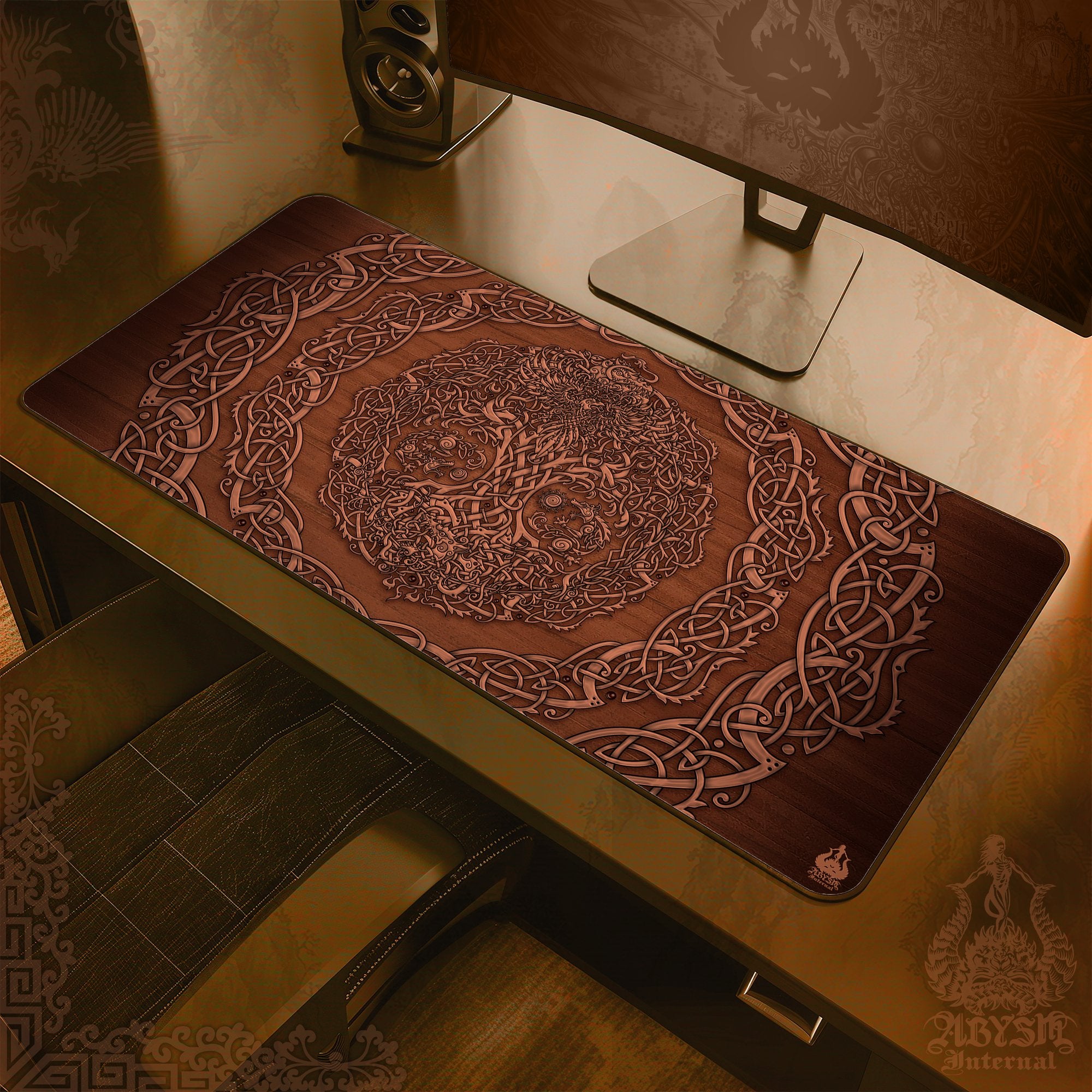 Tree of Life Workpad, Celtic Knotwork Desk Mat, Wicca Gaming Mouse Pad, Boho Table Protector Cover, Art Print - Wood - Abysm Internal