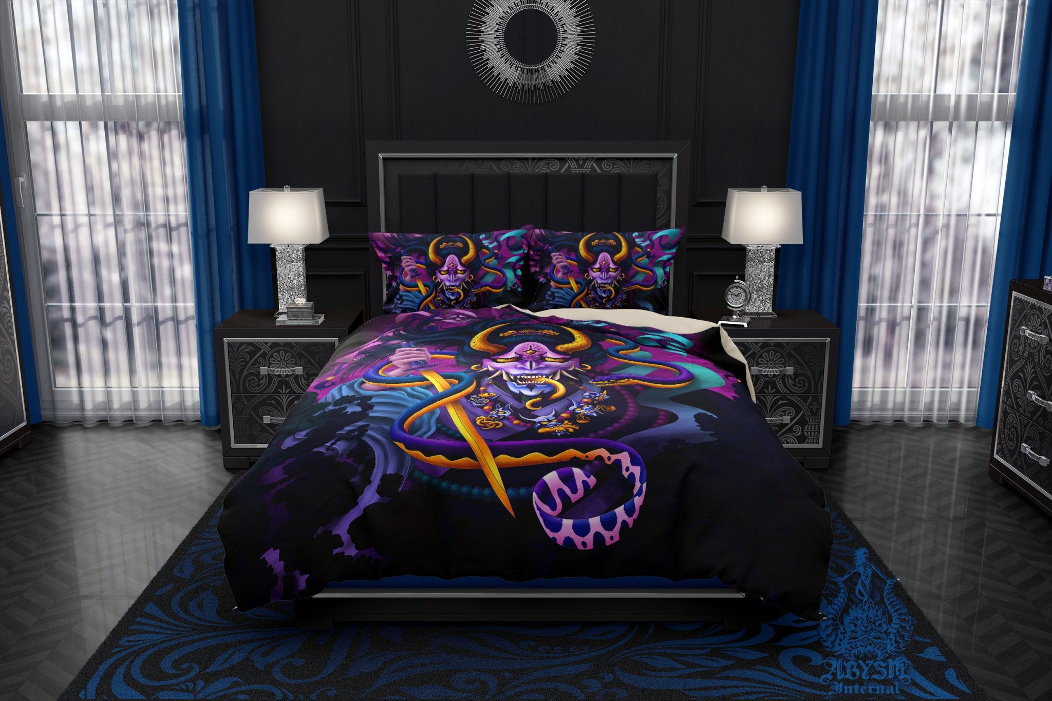 Trippy Bedding Set, Comforter or Duvet, Pastel Black Bed Cover, Japanese Demon Bedroom Decor, King, Queen & Twin Size - Snake and Hannya - Abysm Internal