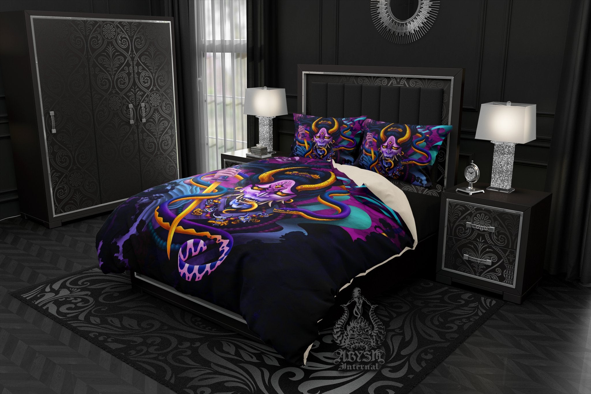 Trippy Bedding Set, Comforter or Duvet, Pastel Black Bed Cover, Japanese Demon Bedroom Decor, King, Queen & Twin Size - Snake and Hannya - Abysm Internal
