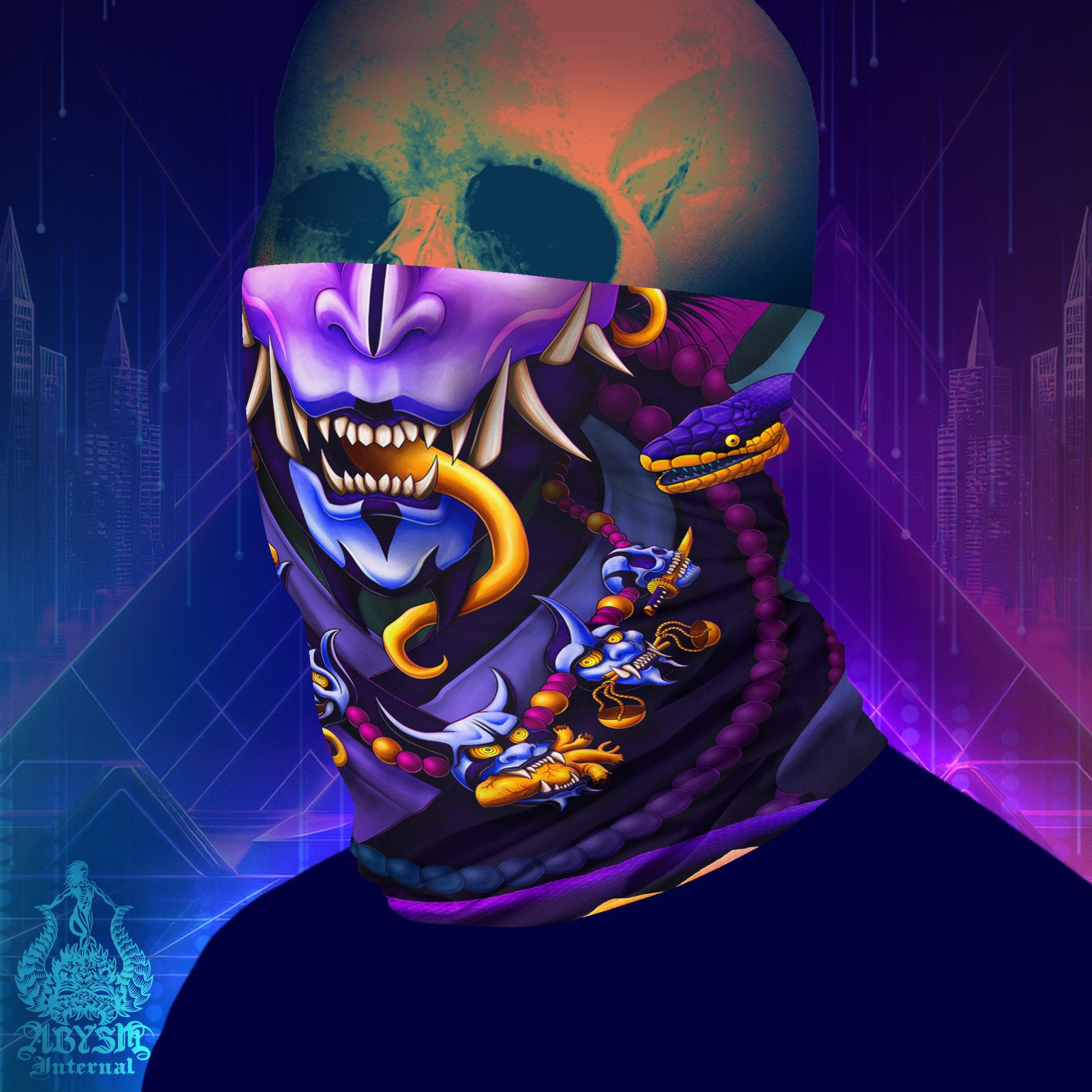 Trippy Demon Neck Gaiter, Pastel Oni Face Mask, Japanese Hannya Printed Head Covering, Psychedelic Street Outfit, Snake, Fangs, Headband - Black - Abysm Internal