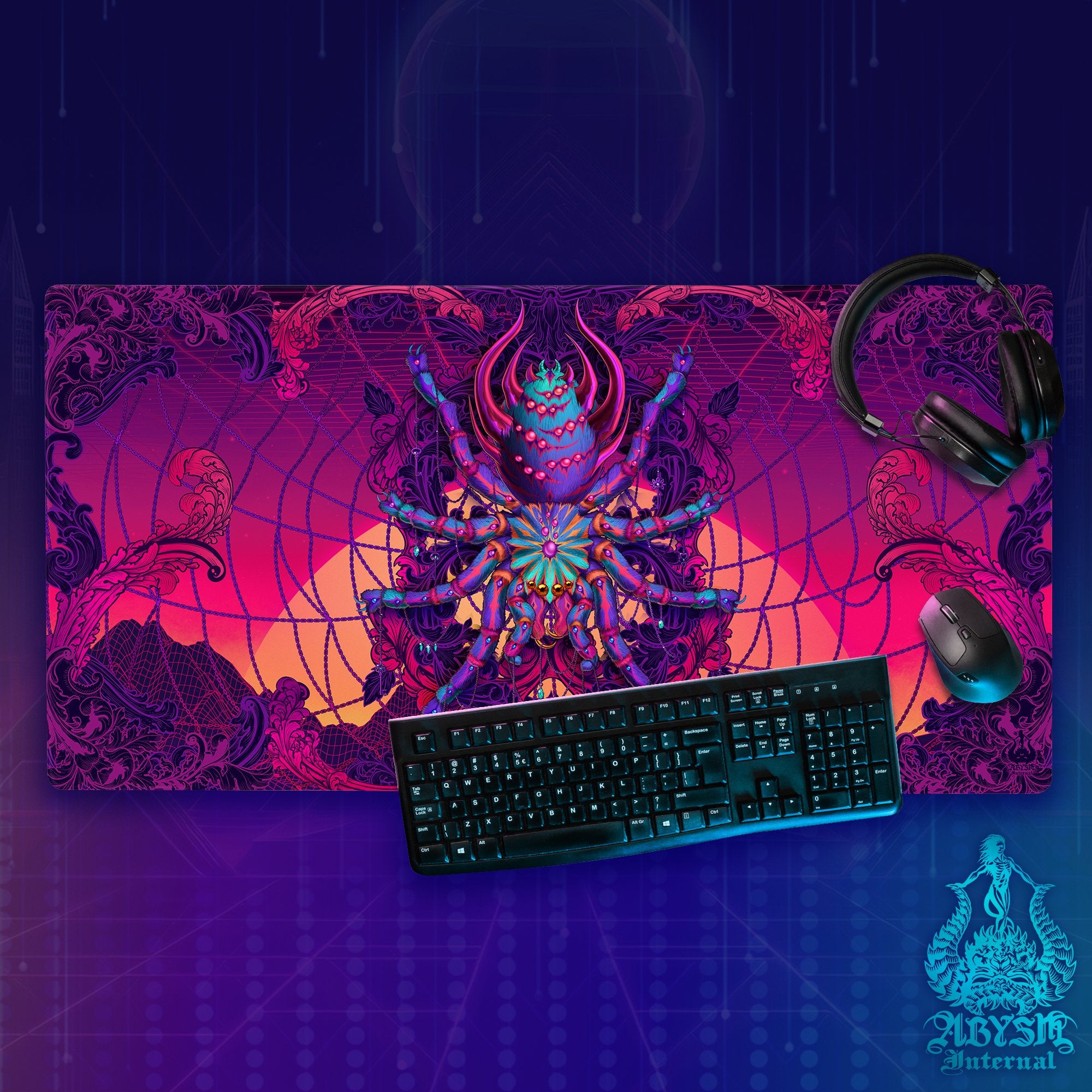 Trippy Gaming Mouse Pad, Psychedelic Desk Mat, Gamer Table Protector Cover, Workpad, Vaporwave Tarantula Art Print - Abysm Internal