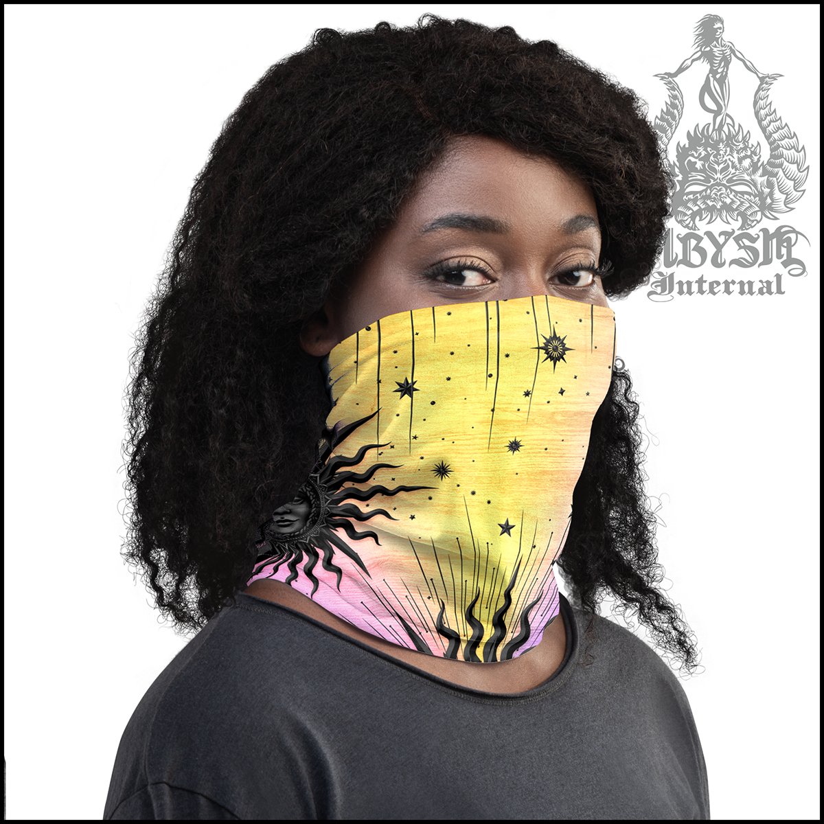 Trippy Neck Gaiter, Psychedelic Tarot Arcana Sun Face Mask, Pastel Printed Head Covering, Colorful Indie Outfit - Black - Abysm Internal