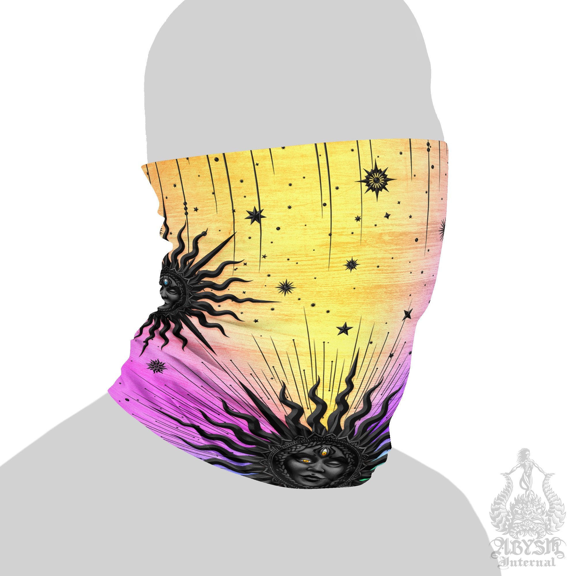 Trippy Neck Gaiter, Psychedelic Tarot Arcana Sun Face Mask, Pastel Printed Head Covering, Colorful Indie Outfit - Black - Abysm Internal